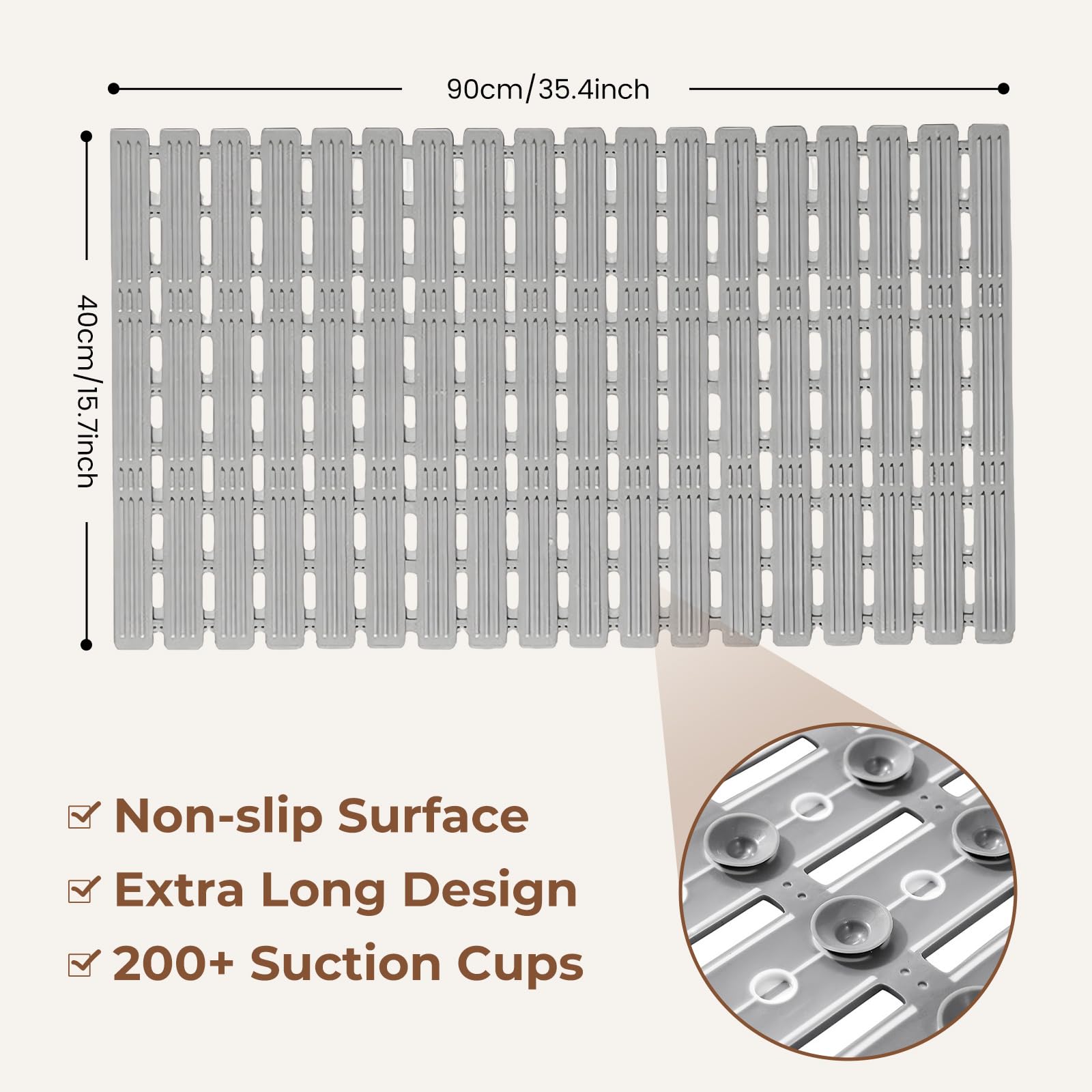 Bathtub Mat Non Slip for Bathroom with Suction Cups and Drain Holes 35.4 * 15.7 Shower Mat for Inside Shower