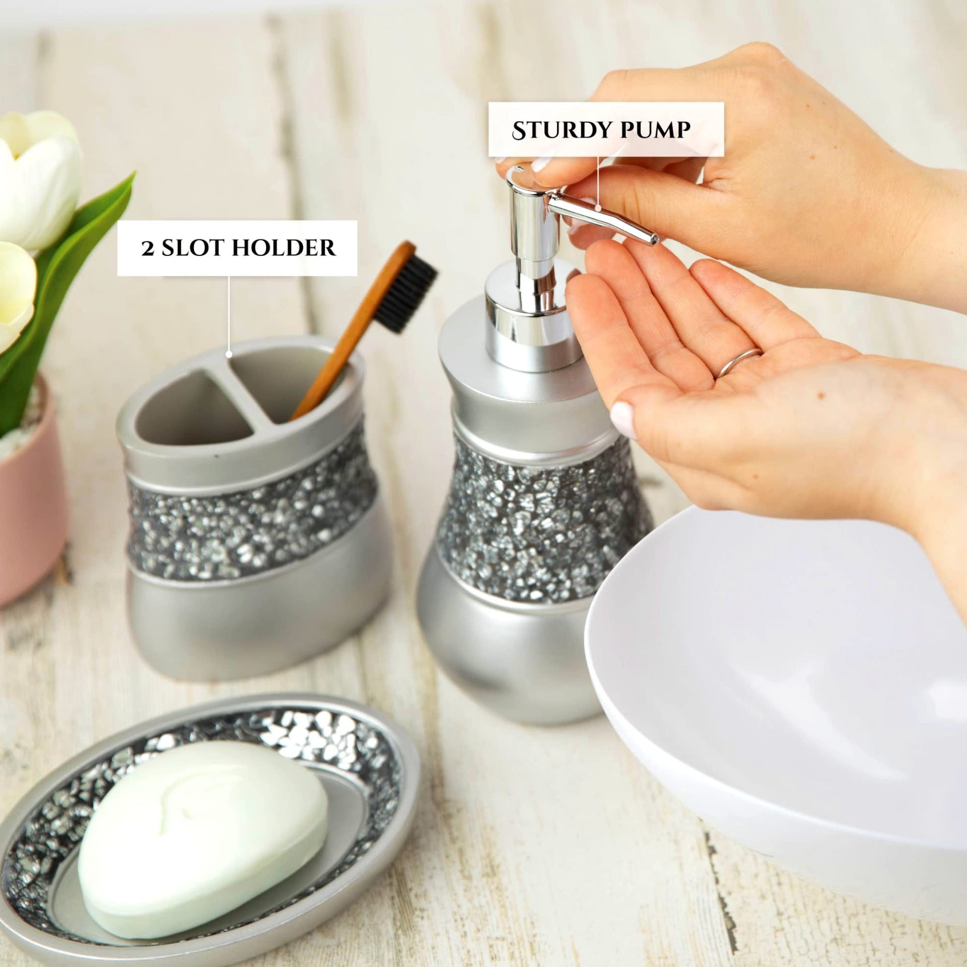Crackled Glass 6 Pc. Silver Resin Bathroom Accessories Set (6 Count)