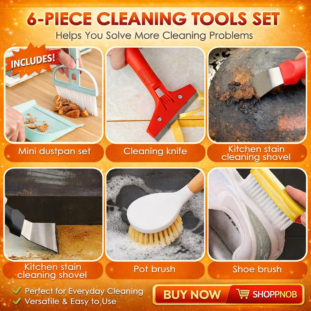Broom and Dustpan Set with Long Handle and 6 Bonus Cleaning Tools