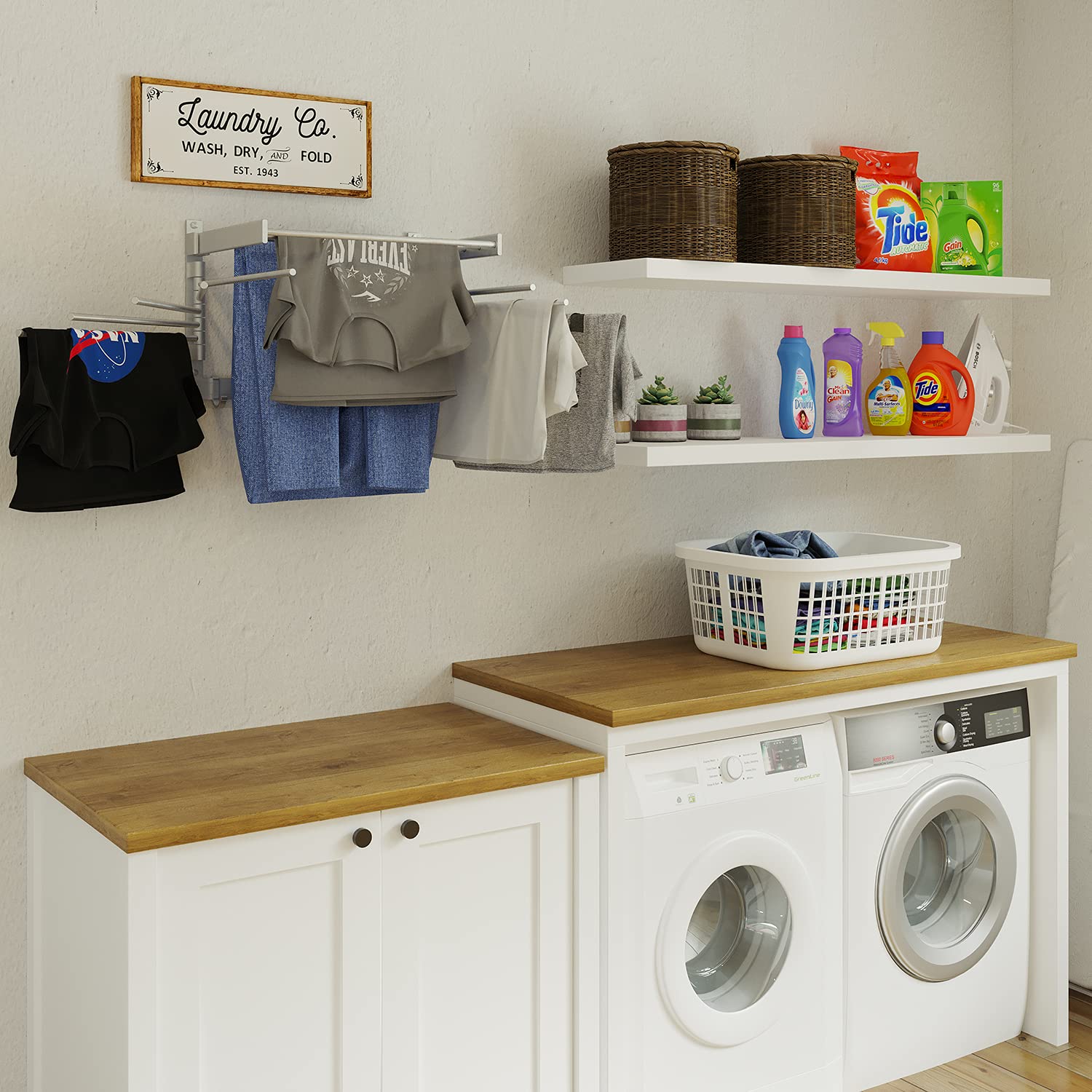 BGT Wash Clothes Drying Rack Wall Mount Laundry Room Organizer with Hooks & Swing Arms
