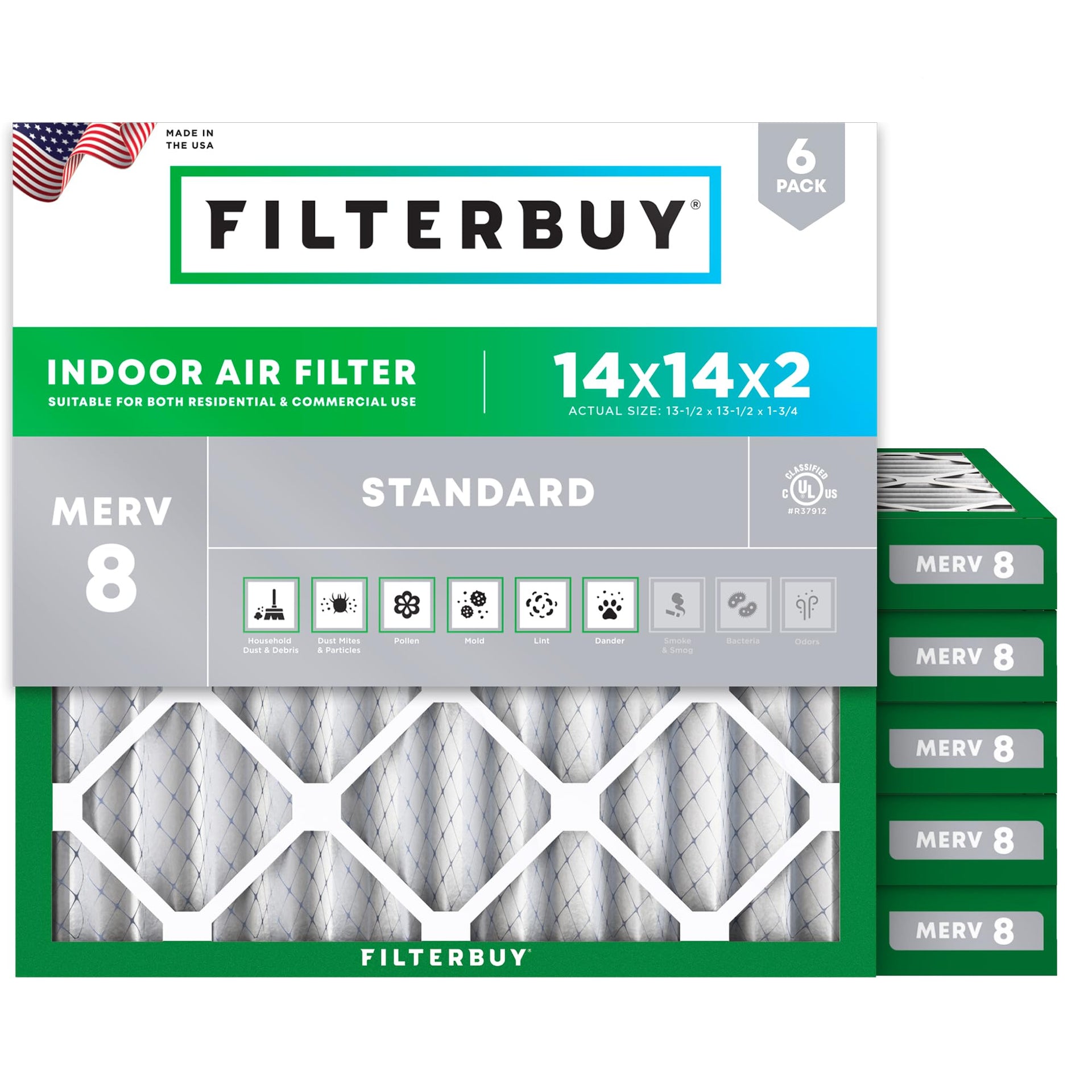 14x14x2 Air Filter MERV 8 Dust & Allergy Defense (6 Count)
