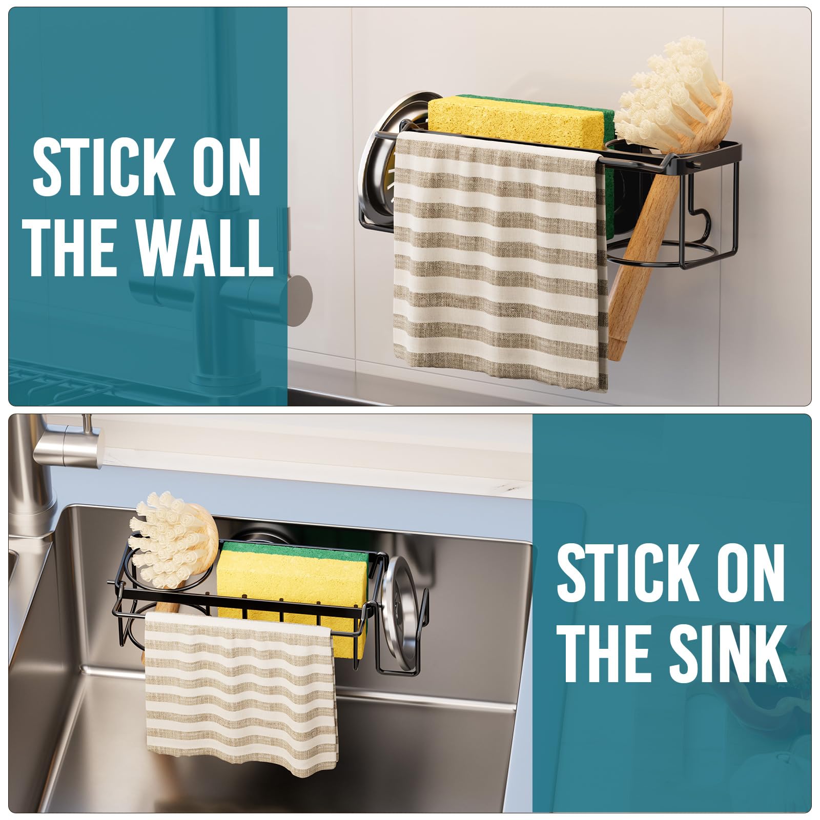 4-in-1 Sink Sponge Holder for Kitchen with Strong Suction Cup-Black