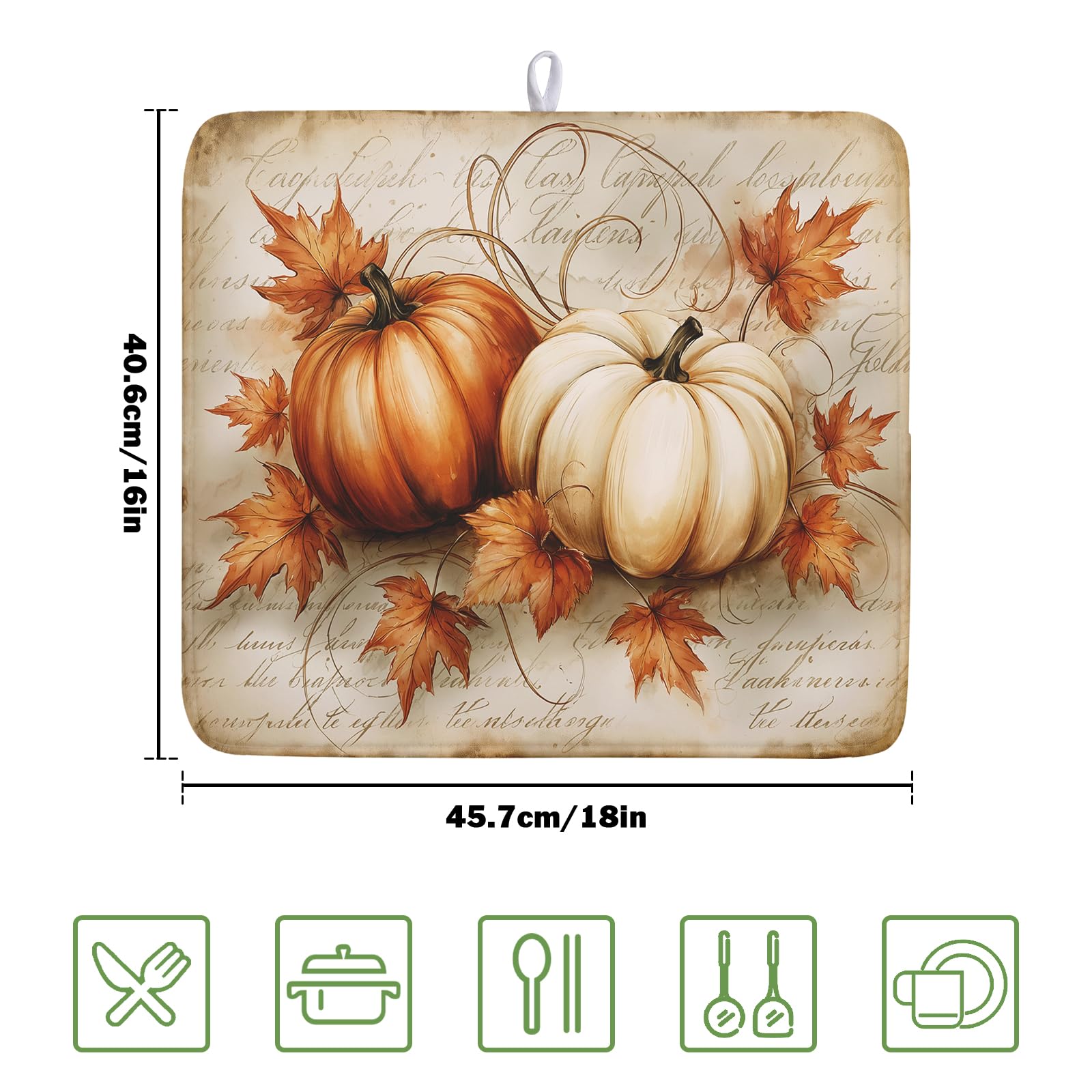 Fall Pumpkin Dish Drying Mat 16X18 Inch Vintage Autumn Drying Mat for Kitchen Counter Absorbent Maple Leaf Fall Thanksgiving Farmhouse Dishes Pad Drainer Mat Countertop Protector for Kitchen Fast Dry