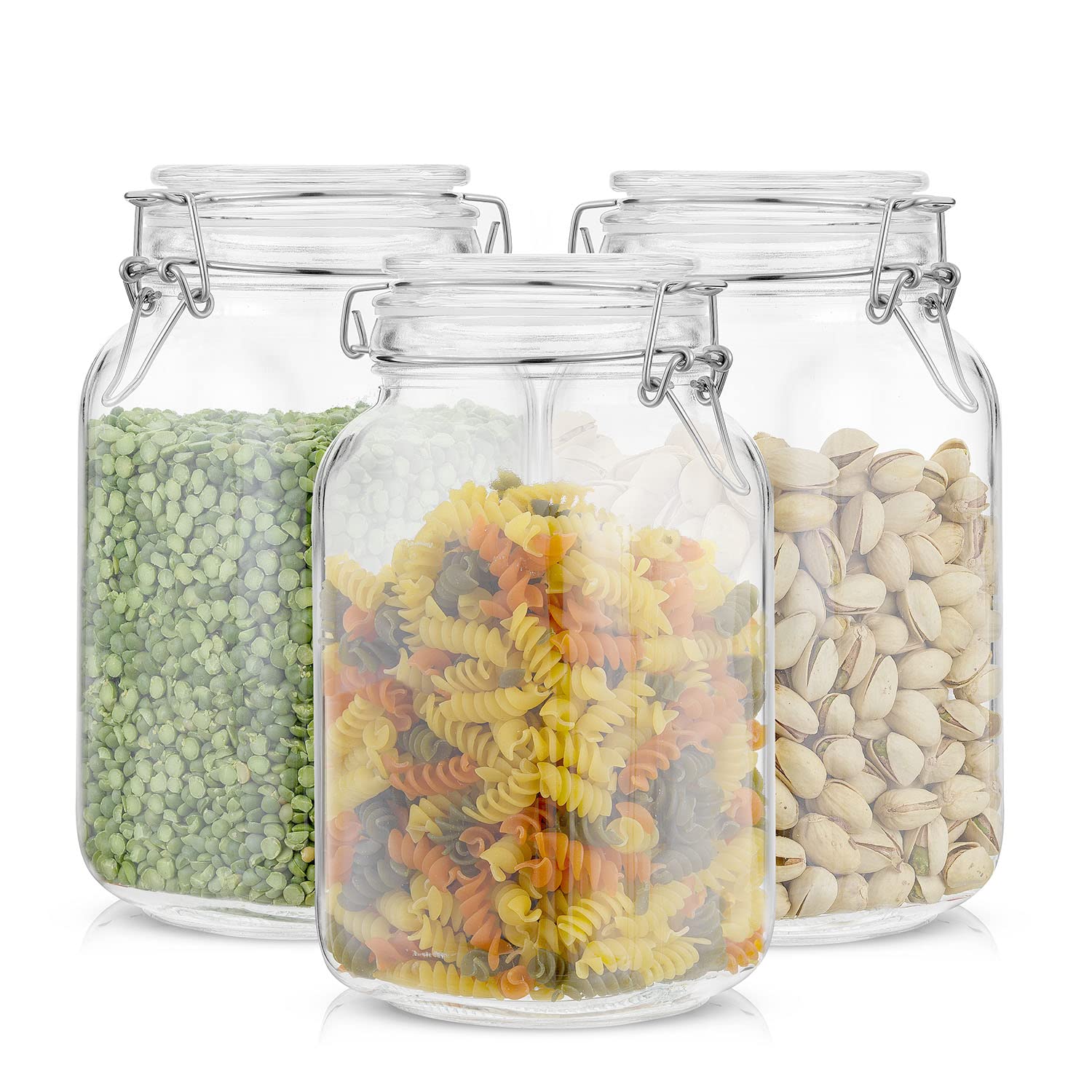 Airtight Glass Jars with Lids Set of 3. 50oz Glass Jar with Lid and 6 Silicone Seals! Med Glass Food Storage Containers. Square Mason Jar (3 Count)