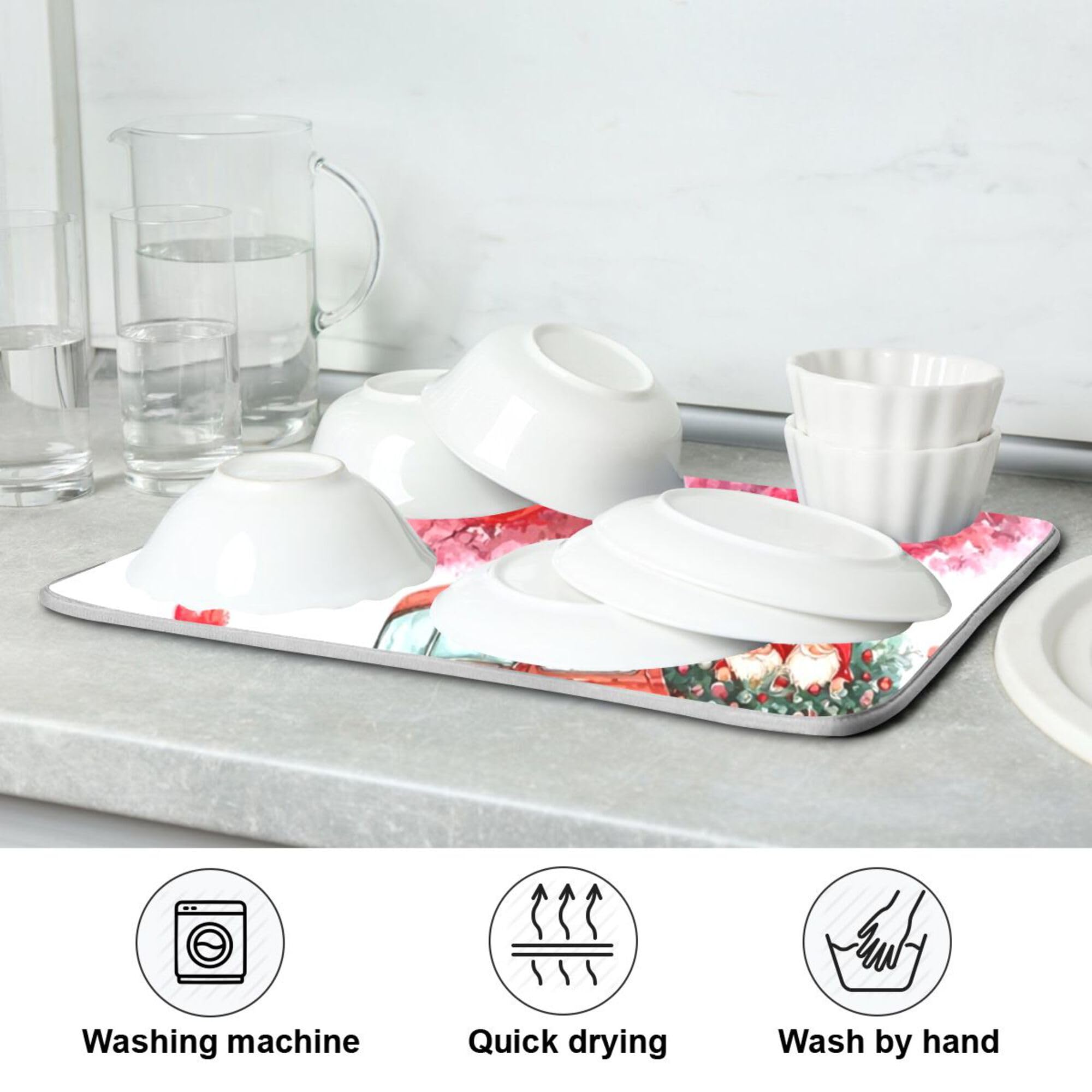 Valentine’s Day Love Tree Dish Drying Mat for Kitchen Countertop 18x24 Happy Valentines Day Gnomes White Large Drying Mat Reusable Quick Dry Dish Sink Mats Easy Clean Decorative Essentials