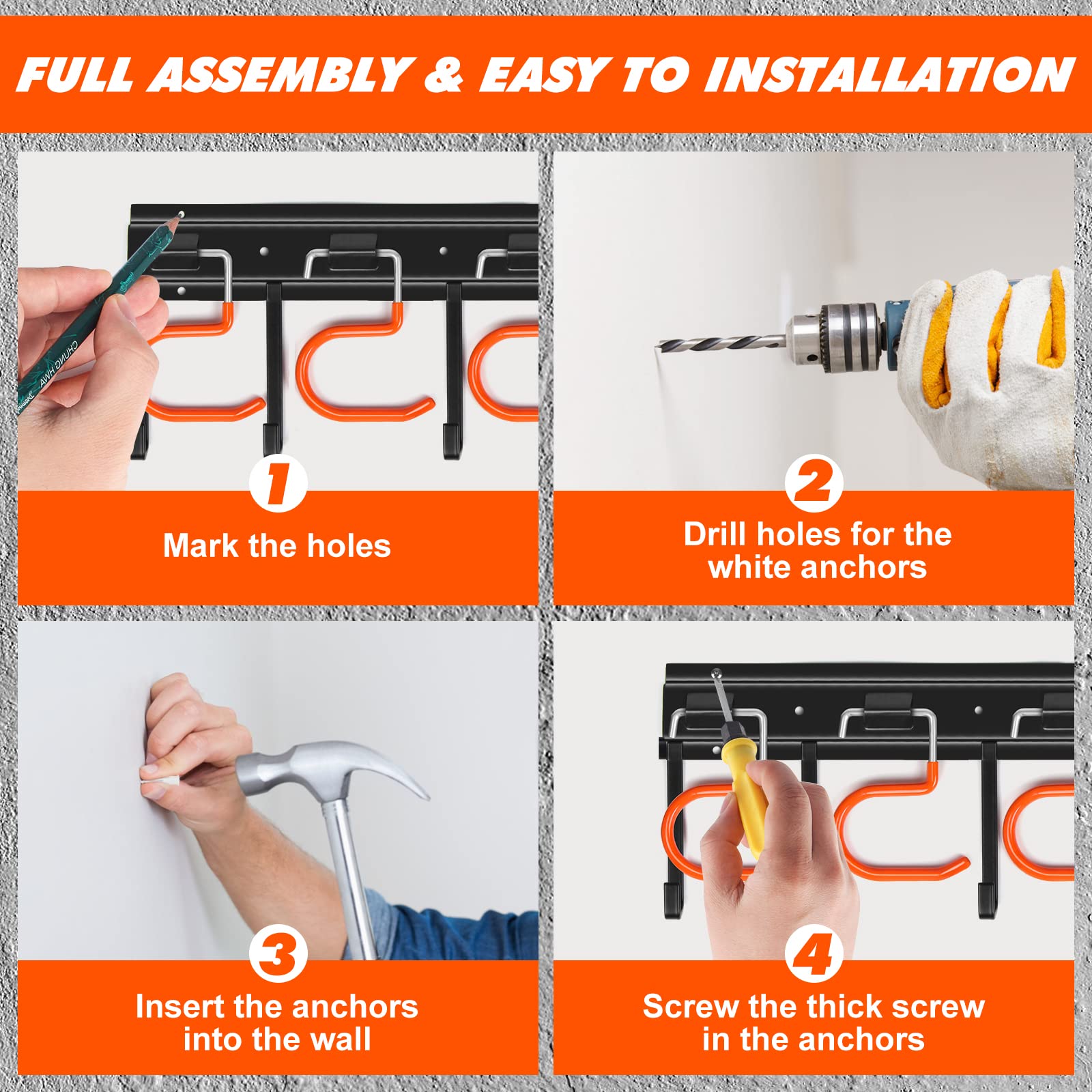 17'' All Metal Garden Tool Organizer Adjustable Garage Tool Organizer Wall Mount Garage Organizers and Storage with Heavy Duty Hooks Tool Hangers for Garage Wall