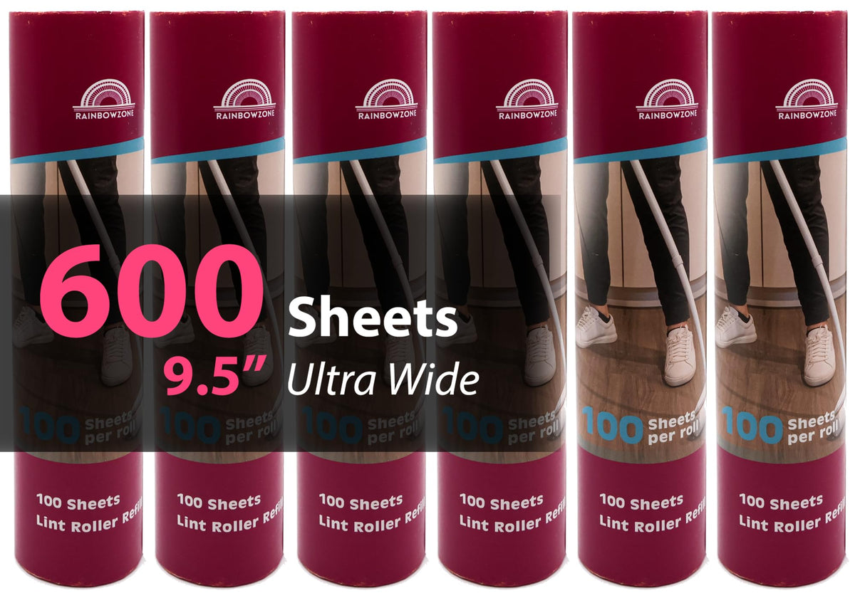 6 Rolls of 9.5'' Extra Wide Large Lint Roller Refills. Total 600 Extra Sticky Adhesive Peel Sheets