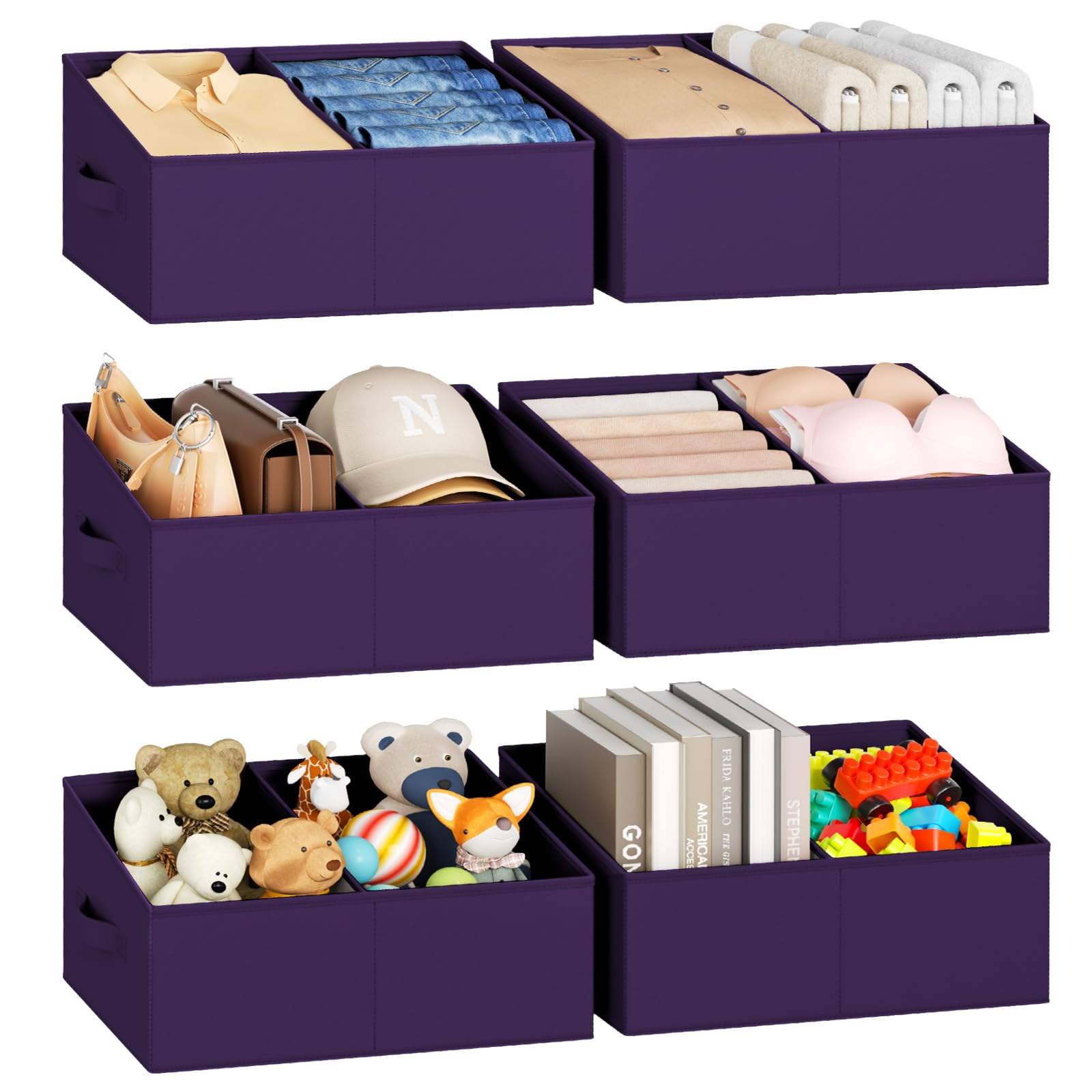 Large Closet Shelf Organizer Bins 6 Packs with Handles and Divider (6 Count)