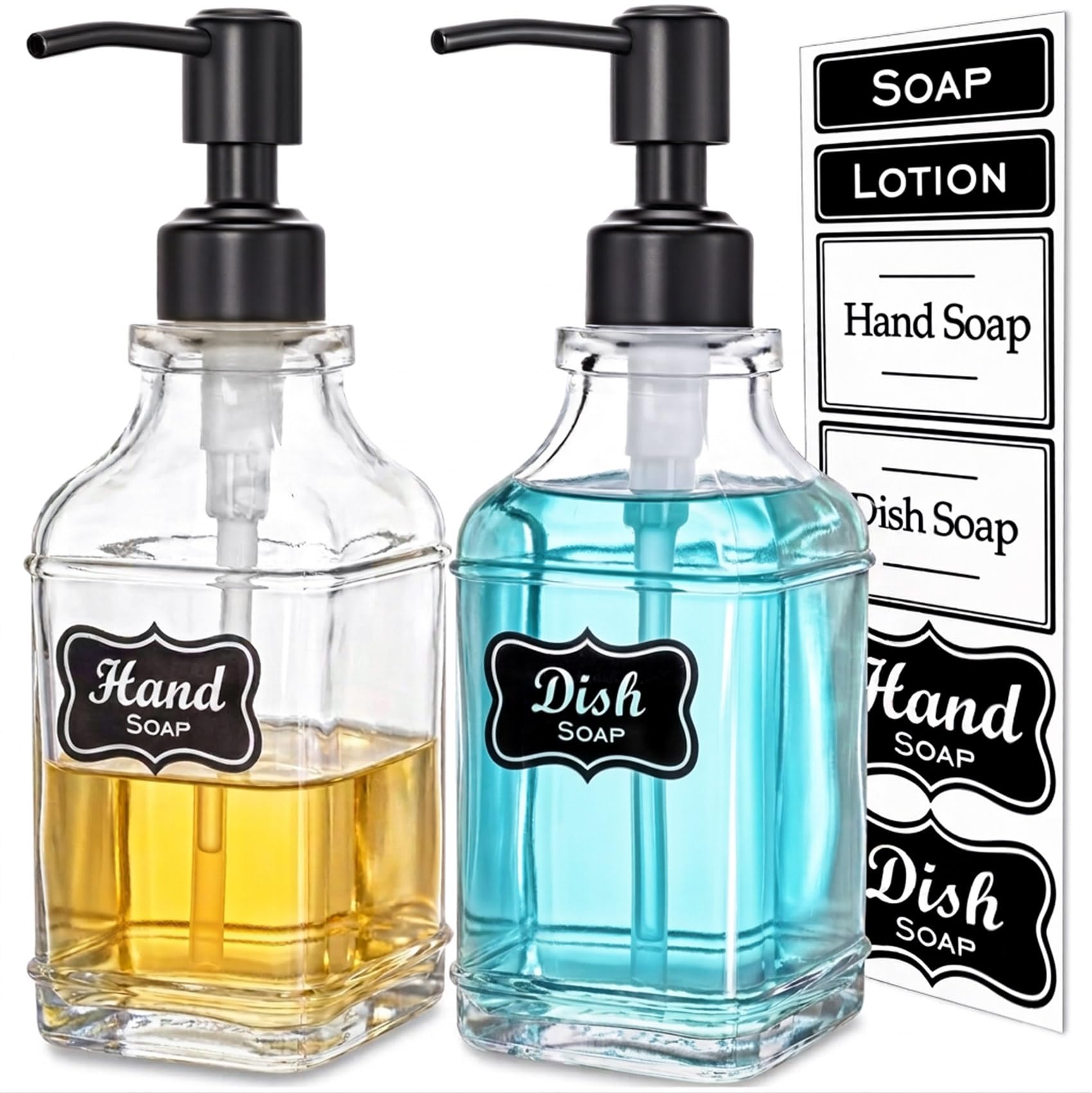 2Pack Hand & Dish Glass Soap Dispenser with Black Rust Proof Pump (2 Count)