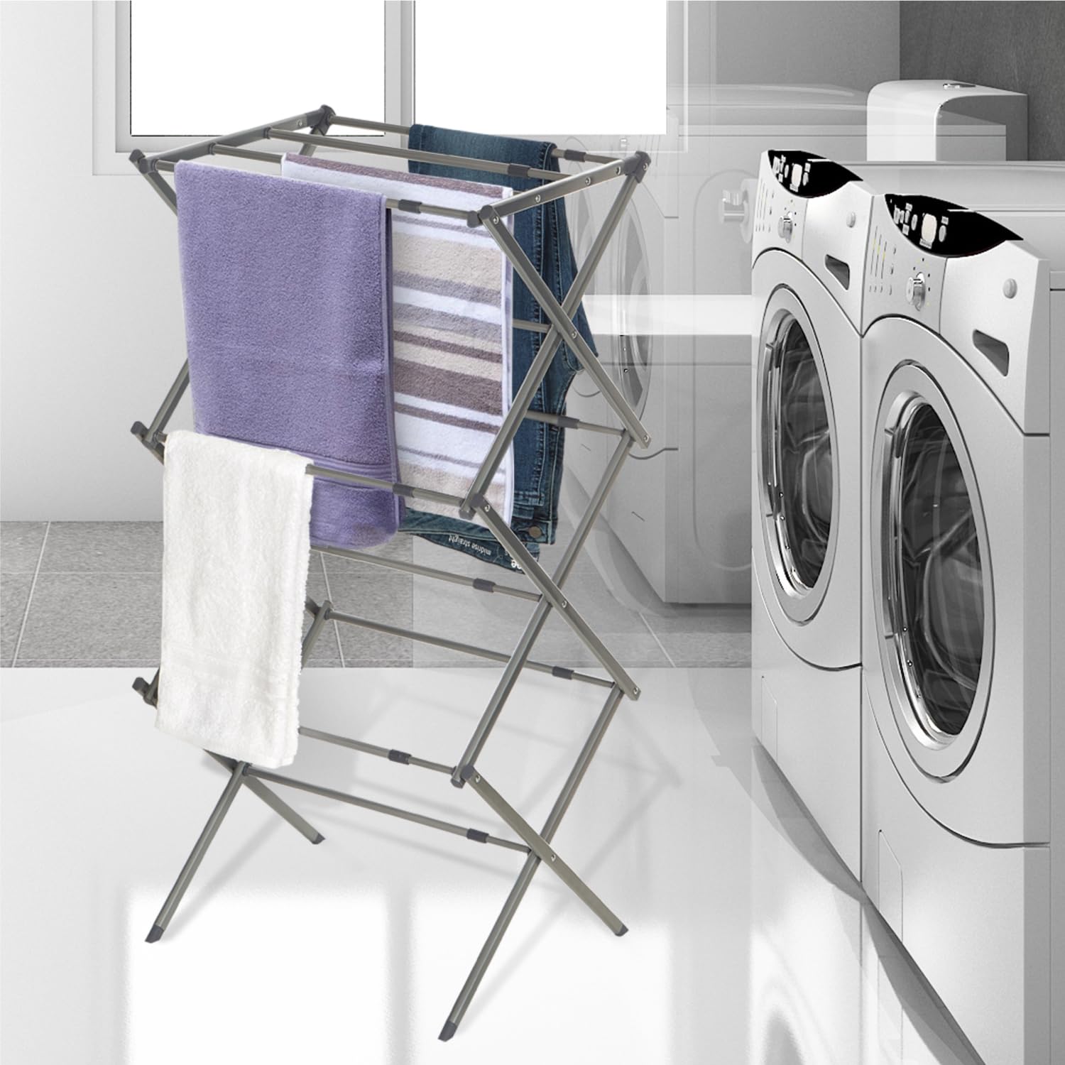 3 Tier Expandable Collapsing Foldable Laundry Rack for Air Drying Clothing