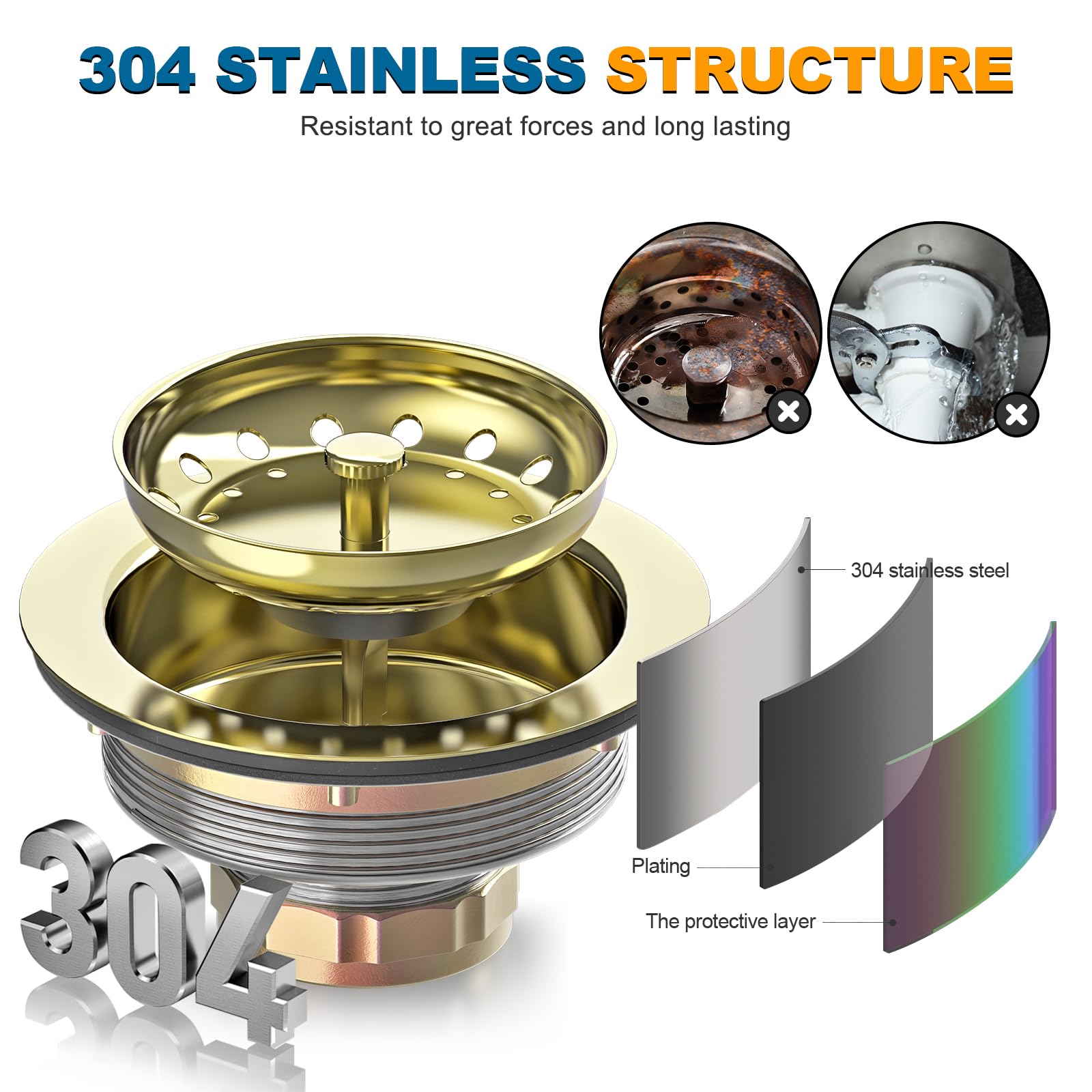 Stainless Steel Gold Sink Drain Strainer Kit 3