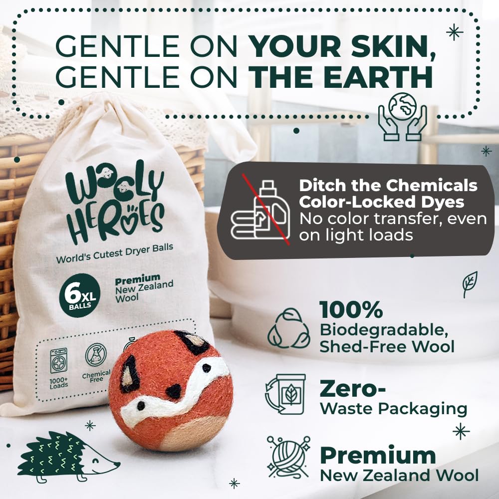 Chemical Free & Baby Safe! Reusable Wool Dryer Balls XL 6 (6 Count)