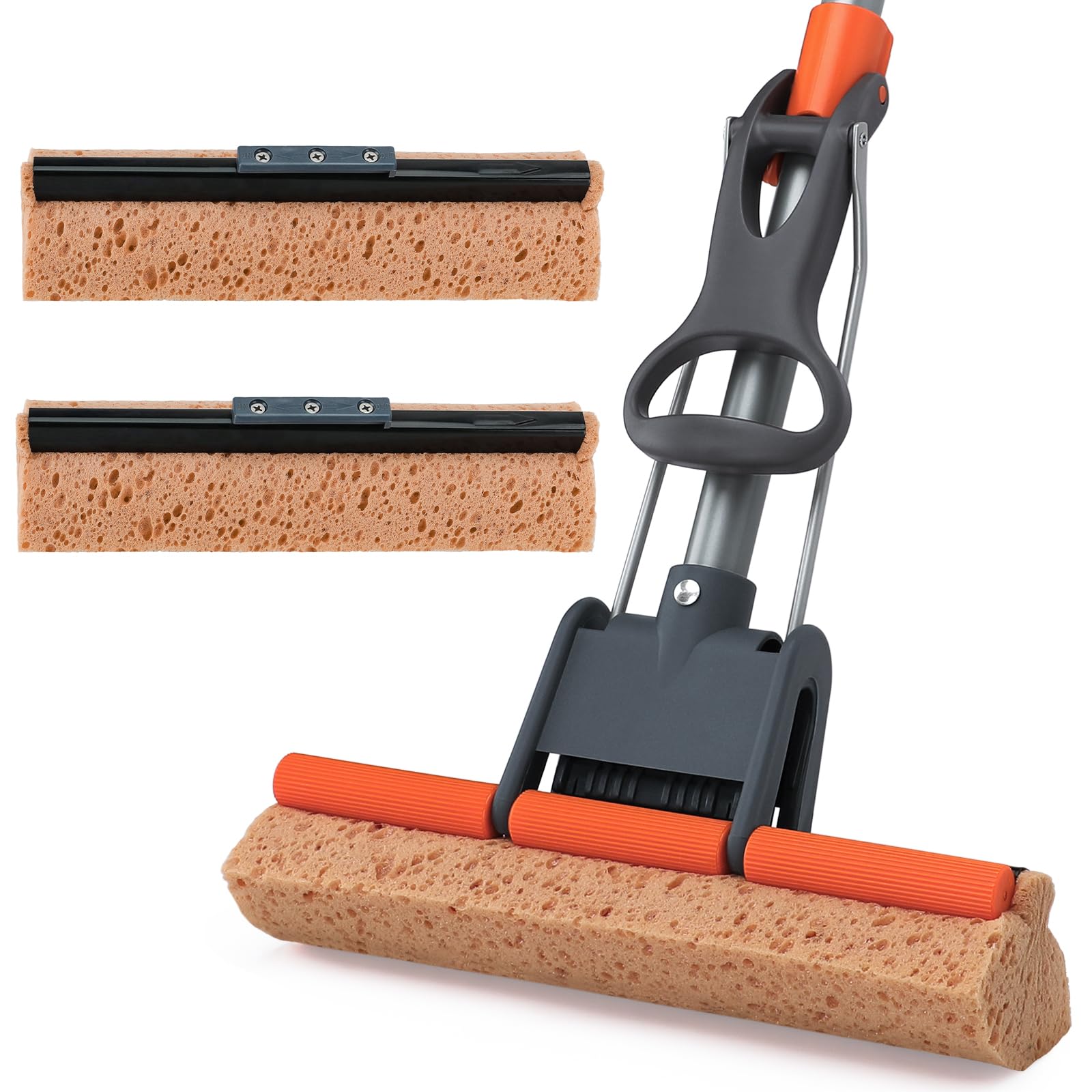 Sponge Mops for Floor Cleaning with 2 Cellulose Mop Head Refills and 55” Long Handle