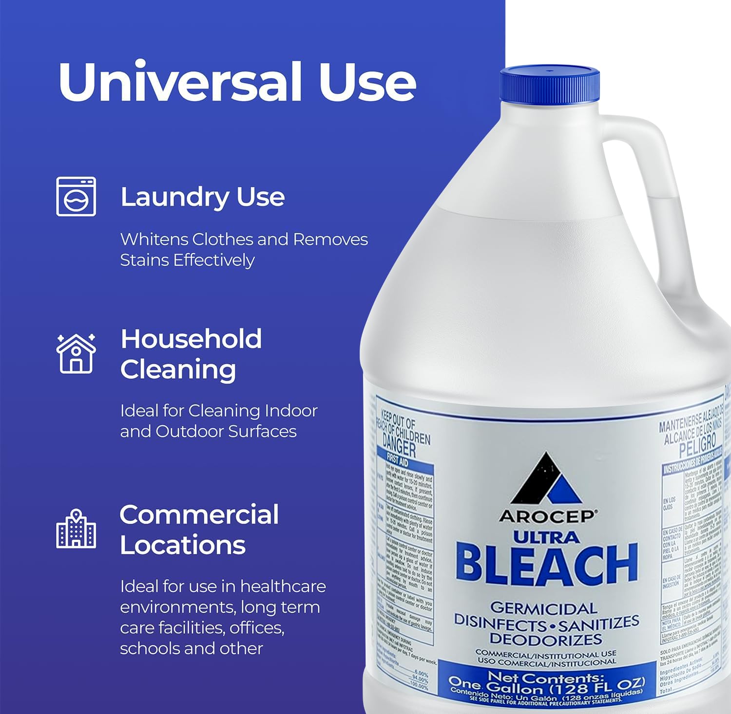 6 Gallons) Ultra Germicidal Liquid Bleach - For Laundry, Disinfecting, Sanitizing, Deodorizing, Mold & Mildew Stain Remover - 1 Gallon Jugs (768 Fl Oz) - ModHome Supplies