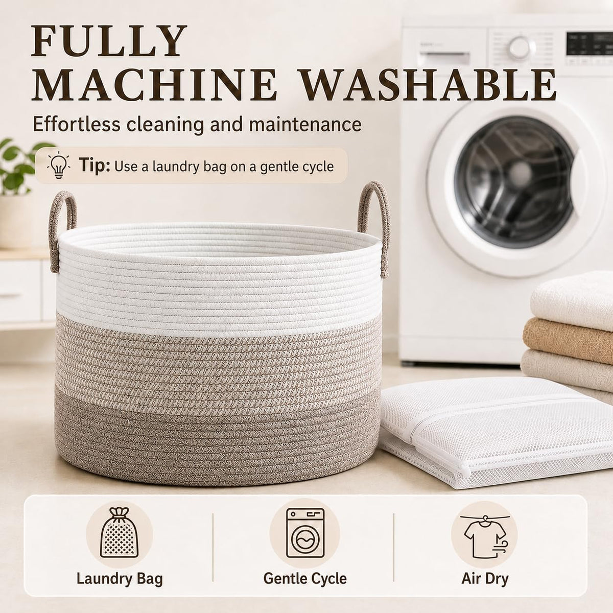 115L Extra Large Machine Washable Cotton Rope Blanket Basket