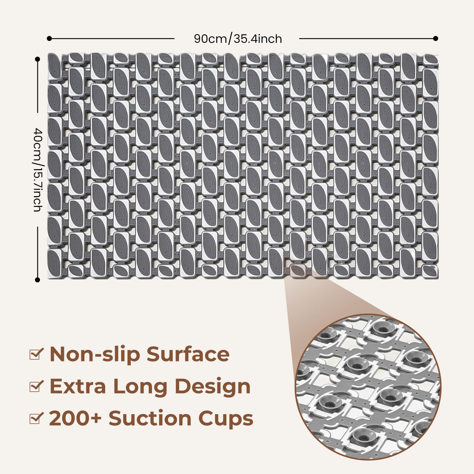 Bathtub Mat Non Slip for Bathroom with Suction Cups and Drain Holes 35.4 * 15.7 Grey Shower Mat for Inside Shower