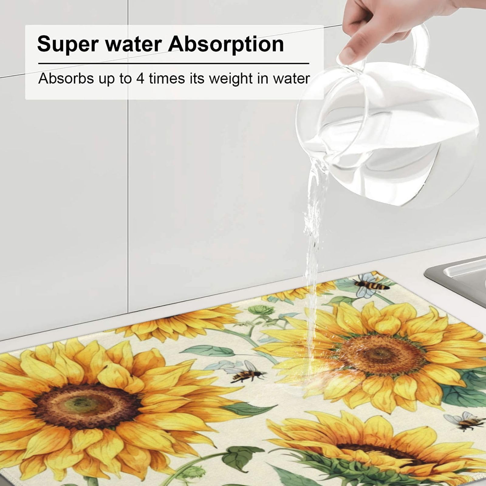Sunflower Dish Drying Mat Highly Absorbent Double