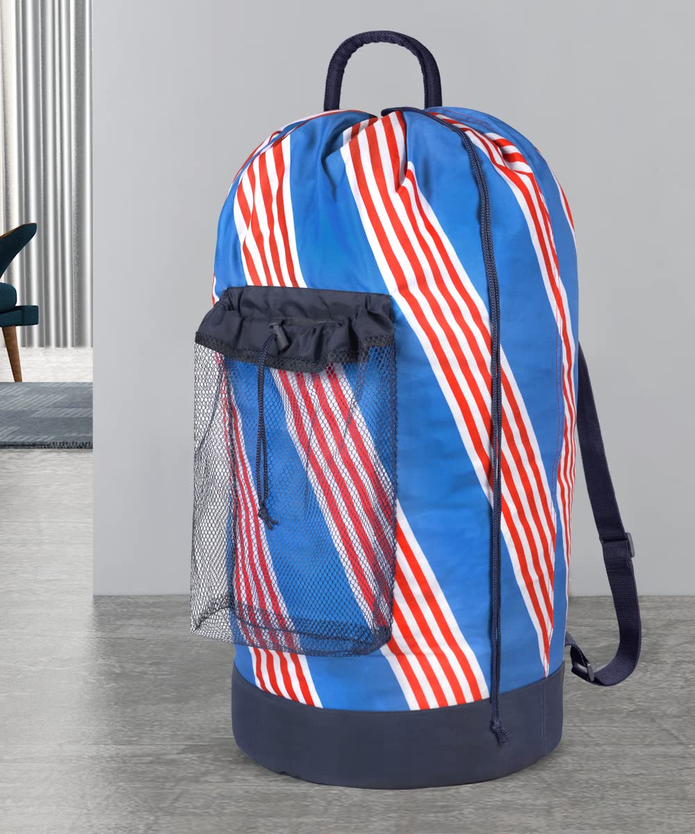 Backpack Laundry Bag with Shoulder Straps and Mesh Pocket Durable Nylon Clothes Hamper Bag with Drawstring Closure for College