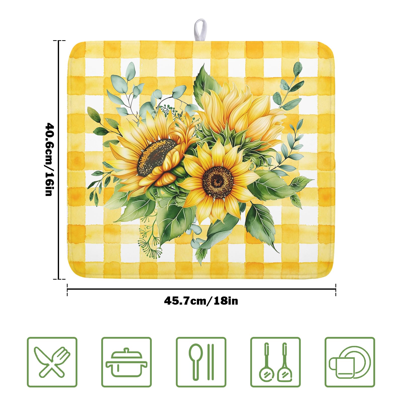 Sunflower Dish Drying Mat 16x18 Inch Absorbent Reversible Summer Sunflower Drying Mat Summer Plaid Dish Drying Rack Mat Yellow Summer Themed Dish Drainer Mat for Kitchen Counter Coffee Bar
