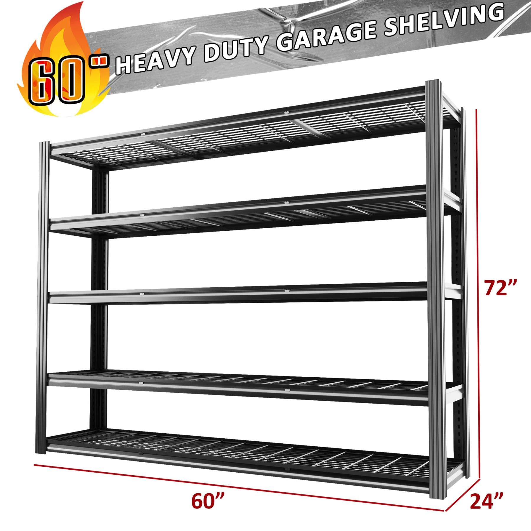 60" W Garage Shelving Heavy Duty 5 Tier Adjustable Metal Shelve