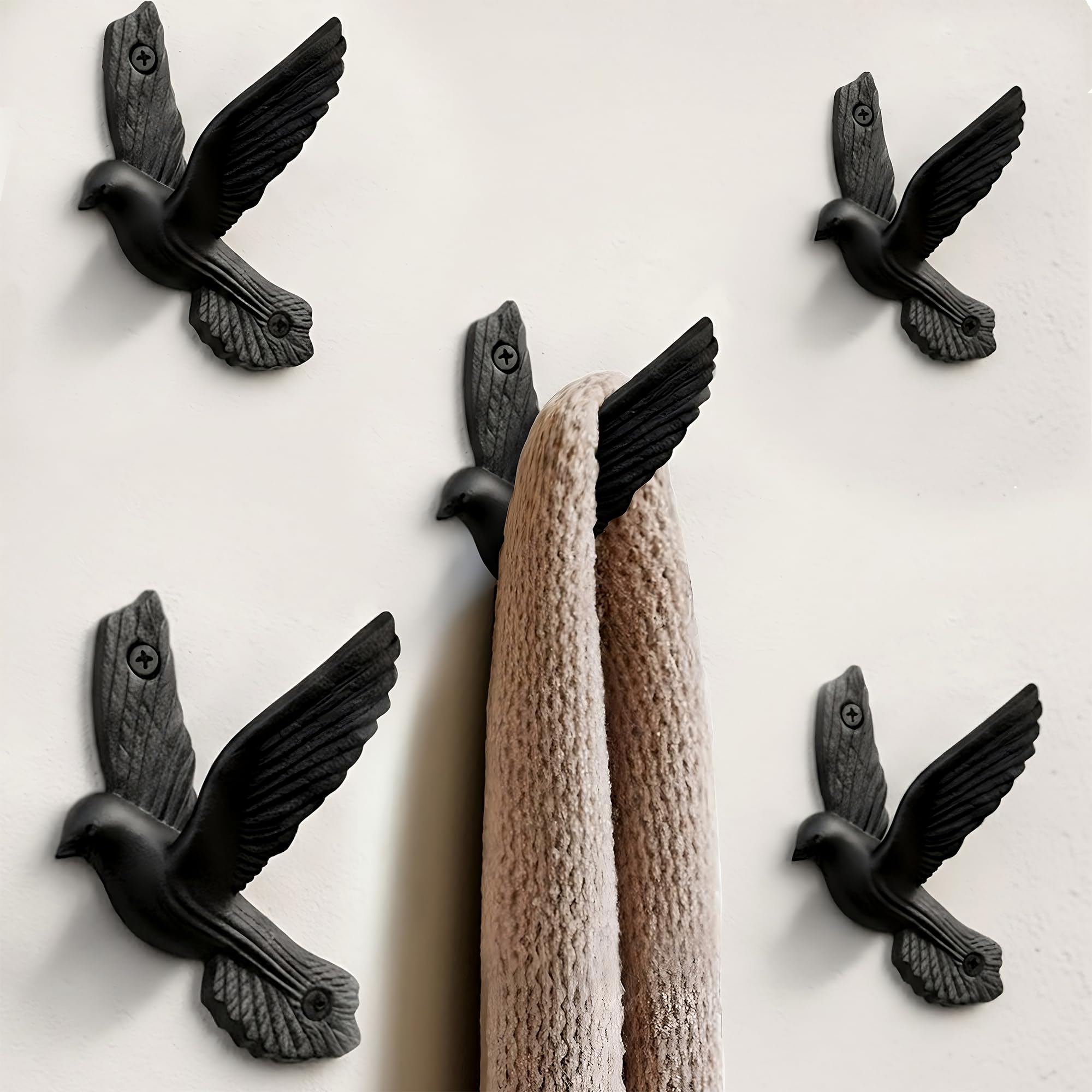 Flying Style Iron Cast Decorative Pigeon Bird Wall Mounted Coat Hooks (5 Count)