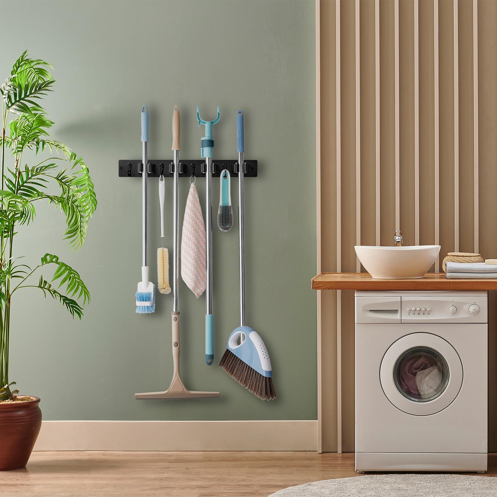 Black Mop Broom Holder Wall Mount with 4 Slots & 4 Hooks