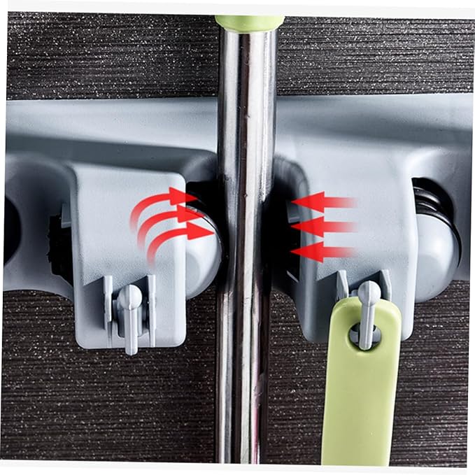 Multi-function Mop Holder Buckles Hooks Wall-mounted Organizer for Brooms Mops Kitchen and Bathroom Grey Plastic Design for Efficient Storage