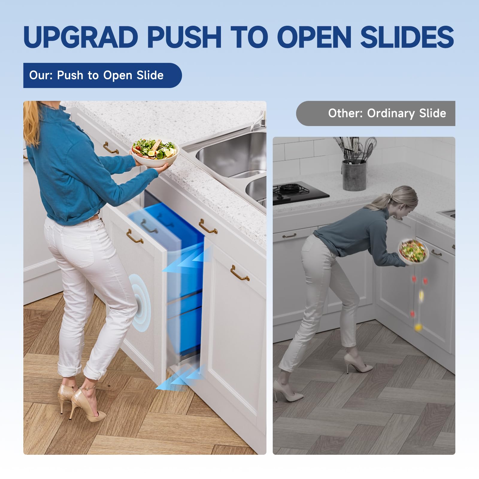 Dual Pull Out Trash Can Under Cabinet with Push to Open Slide Grey