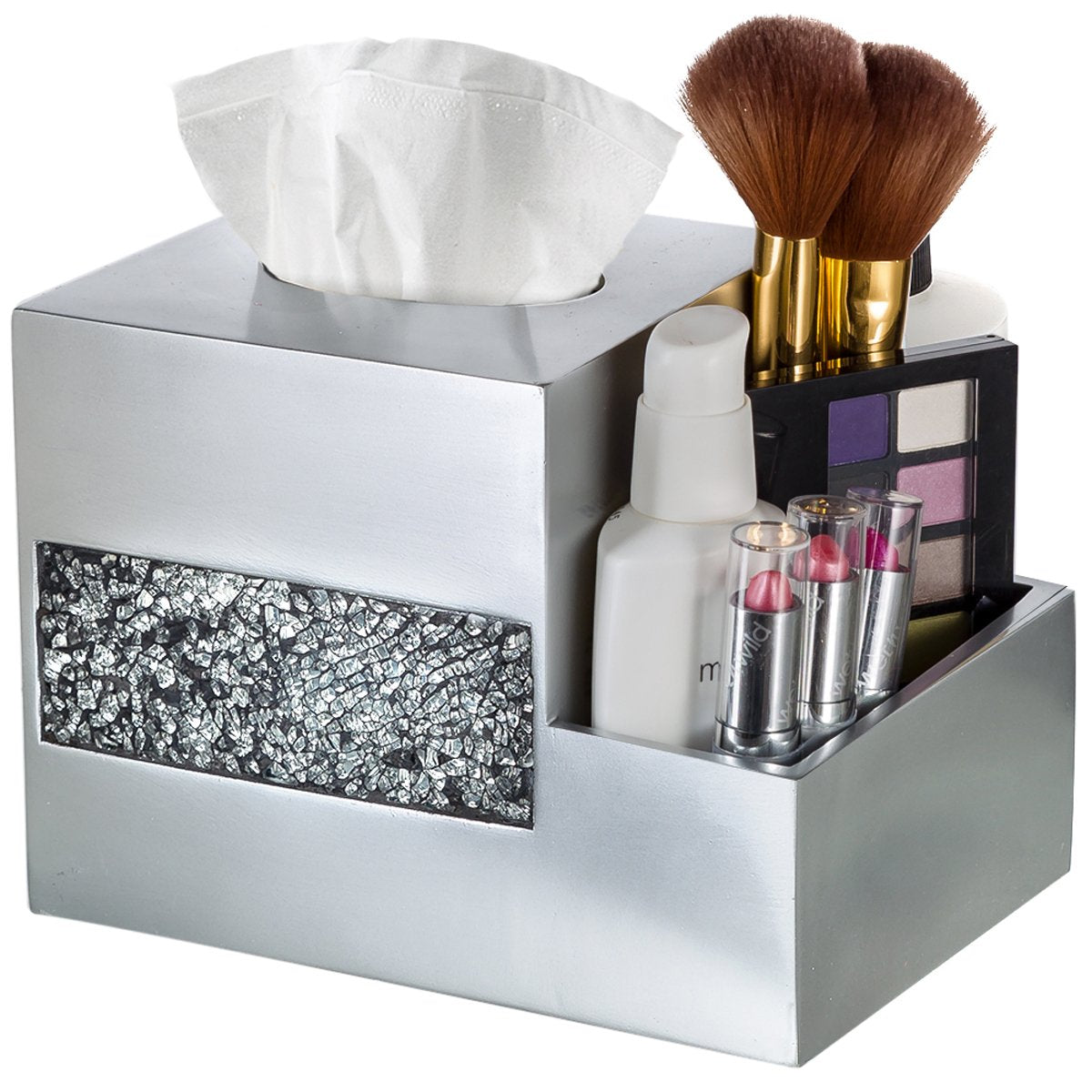 Crackled Glass Tissue Box Cover Square Silver Decorative Multi