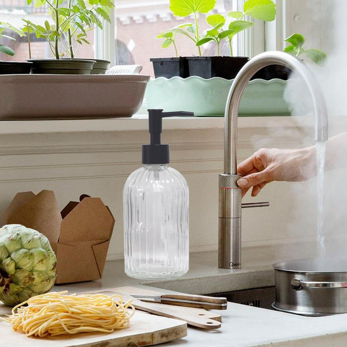 Clear Glass Soap Dispenser with Black Plastic Pump