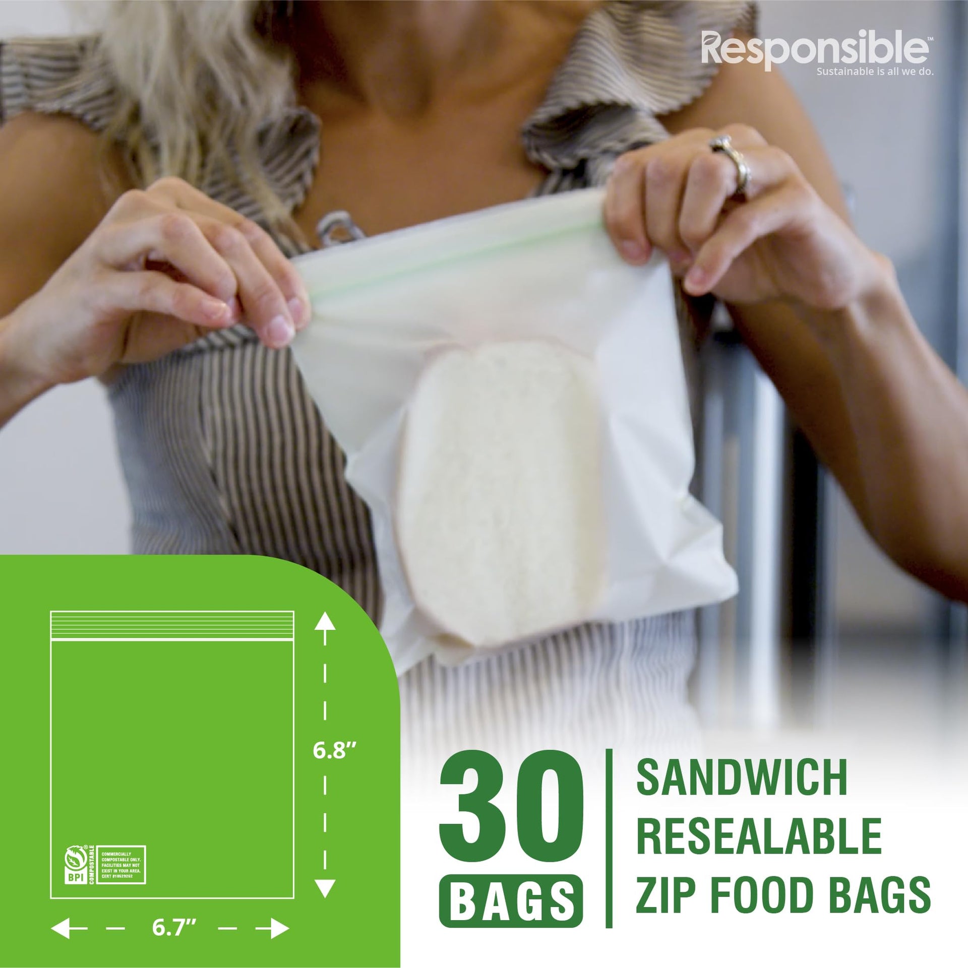 Certified Compostable SANDWICH Resealable Zip Bag (30 Count)