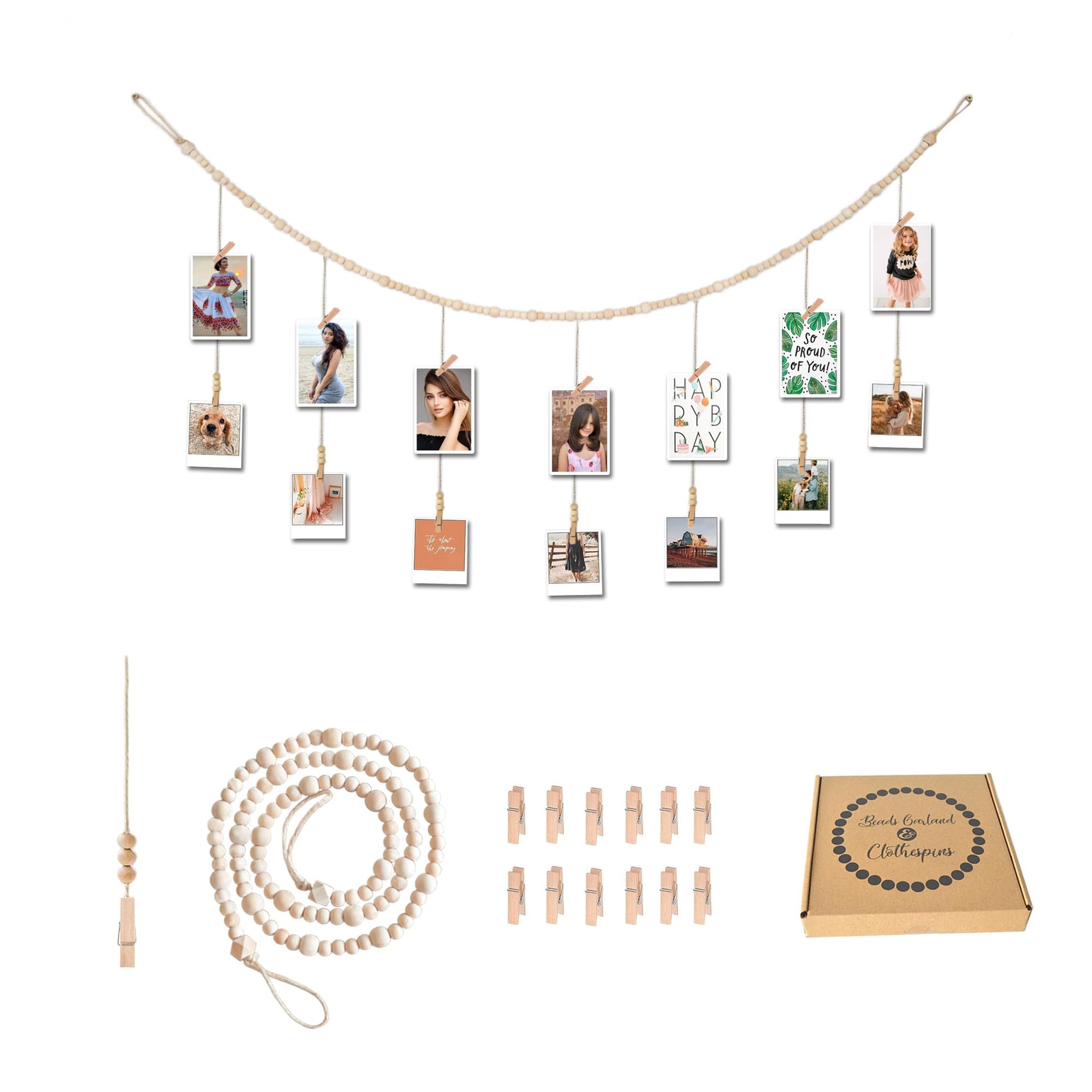 4 Feet Wooden Beads Garland with Clothespins Picture Cards Holder (4 Foot)