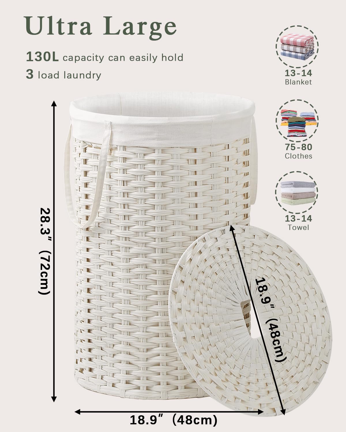Large Laundry Hamper Laundry Basket Round 34.3 Gal PE