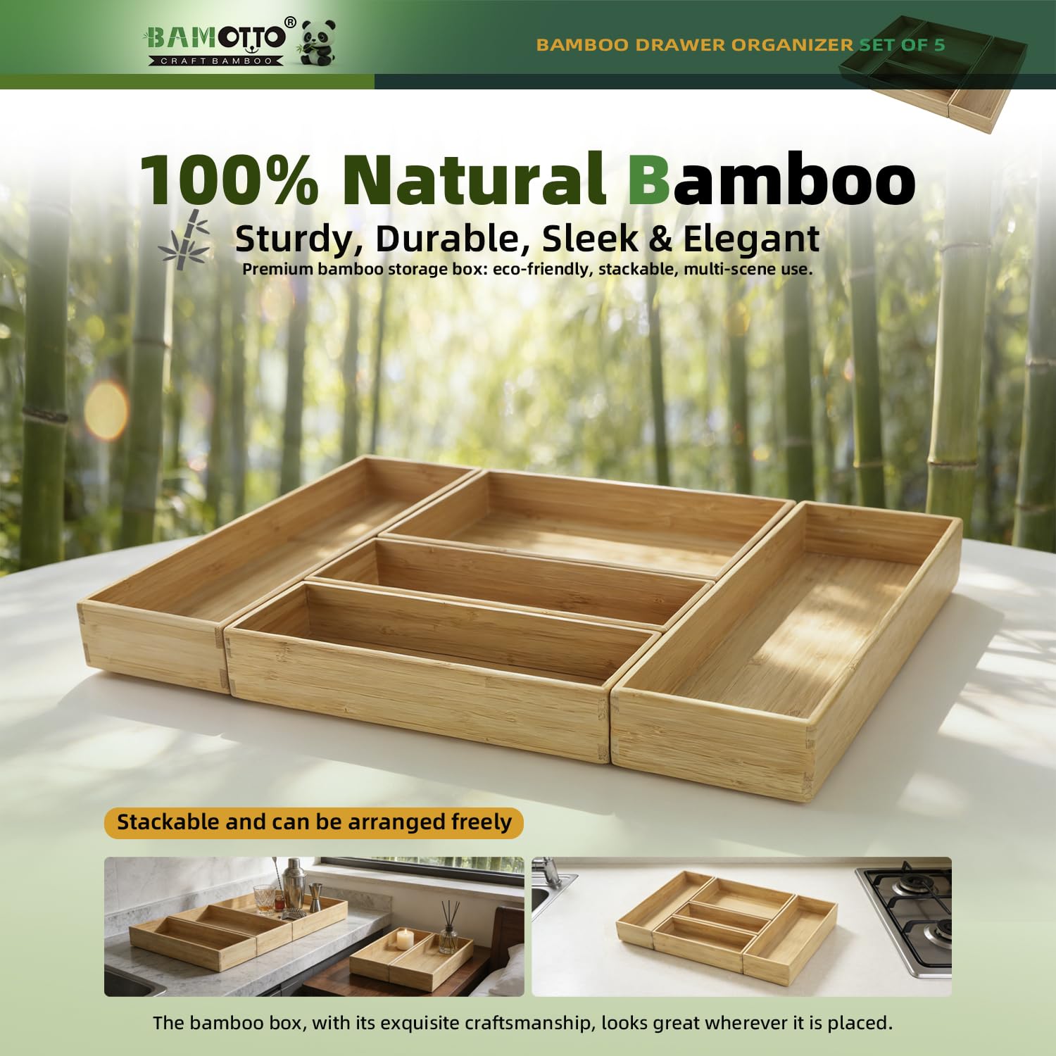 Stackable Bamboo Drawer Organizer Set of 5 for Kitchen (5 Count)
