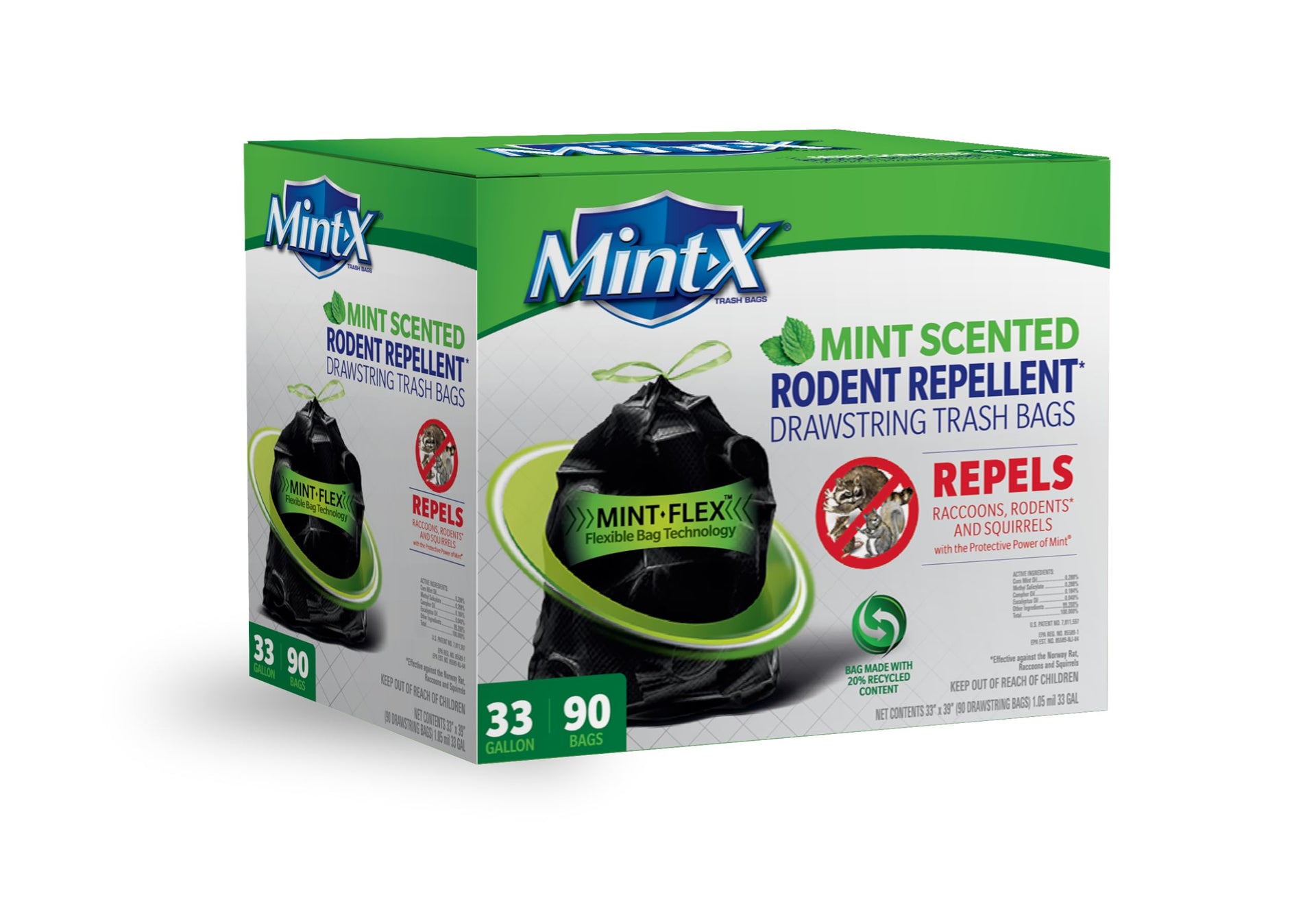 Rodent Repellent Outdoor Home and Industrial Trash Bags with Drawstring & Mint (90 Count)