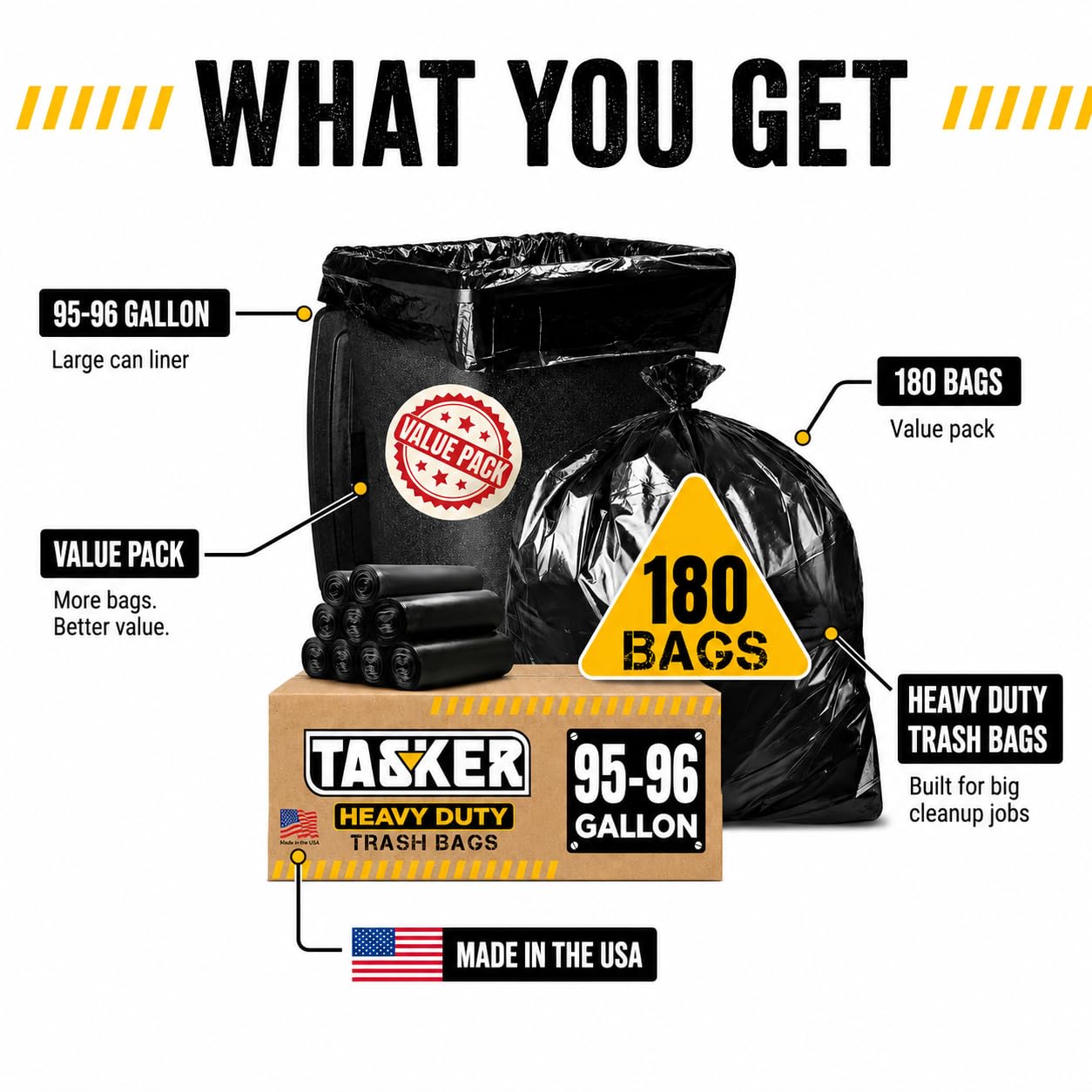 95 Gallon Trash Bags Heavy Duty (180 Count)