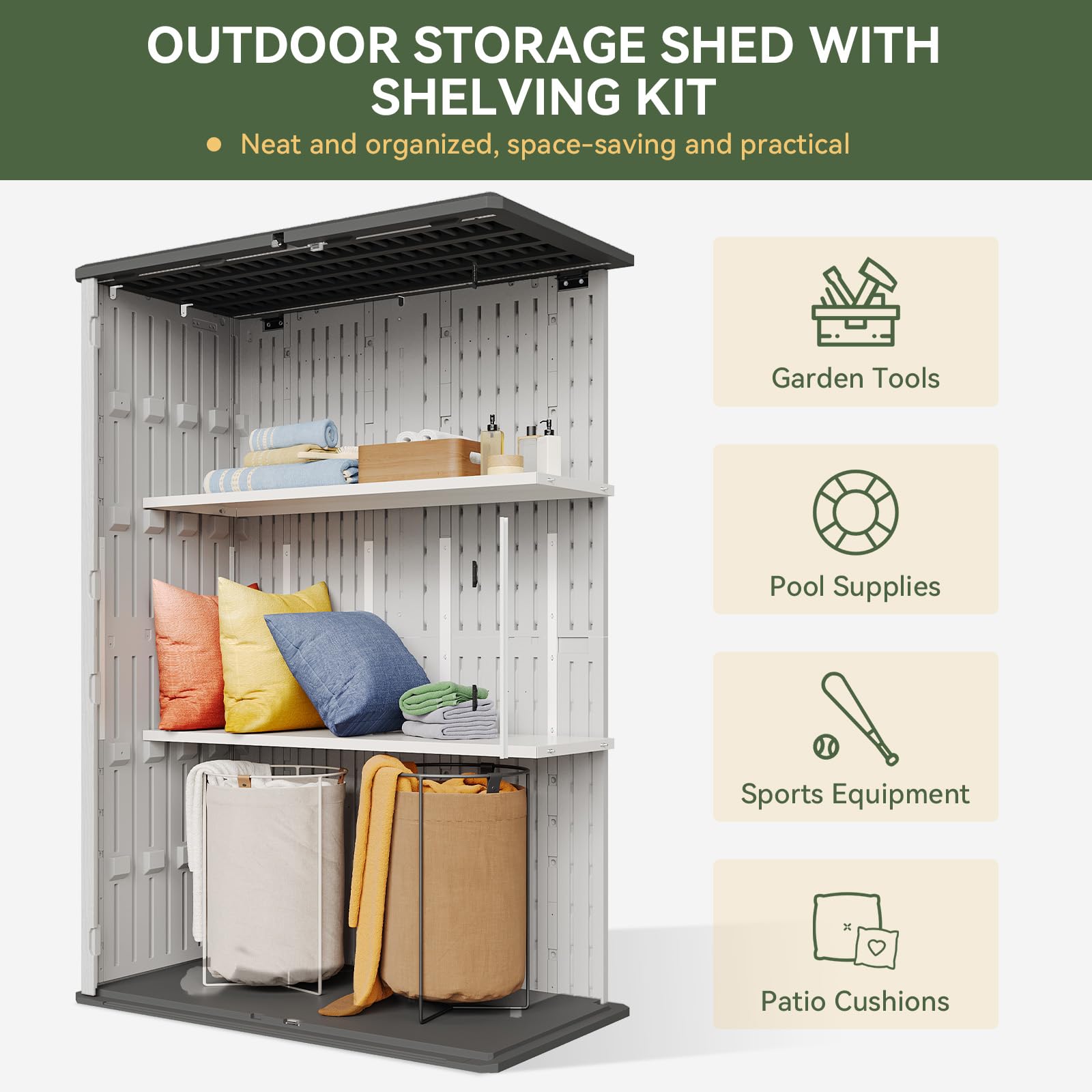 64 Cu.Ft Resin Outdoor Storage Shed with 2 Shelves & Floor