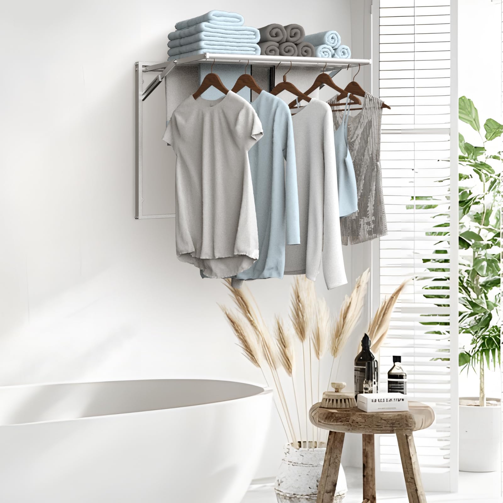 2 Pcs Wall Mount Clothes Drying Rack 26 X 31.5 Laundry Room Organizer Laundry Drying Rack Foldable Stainless Steel Drying Rack Clothing Space Saver Laundry Rack for Hanging Clothes Sock Towel (2 Count)