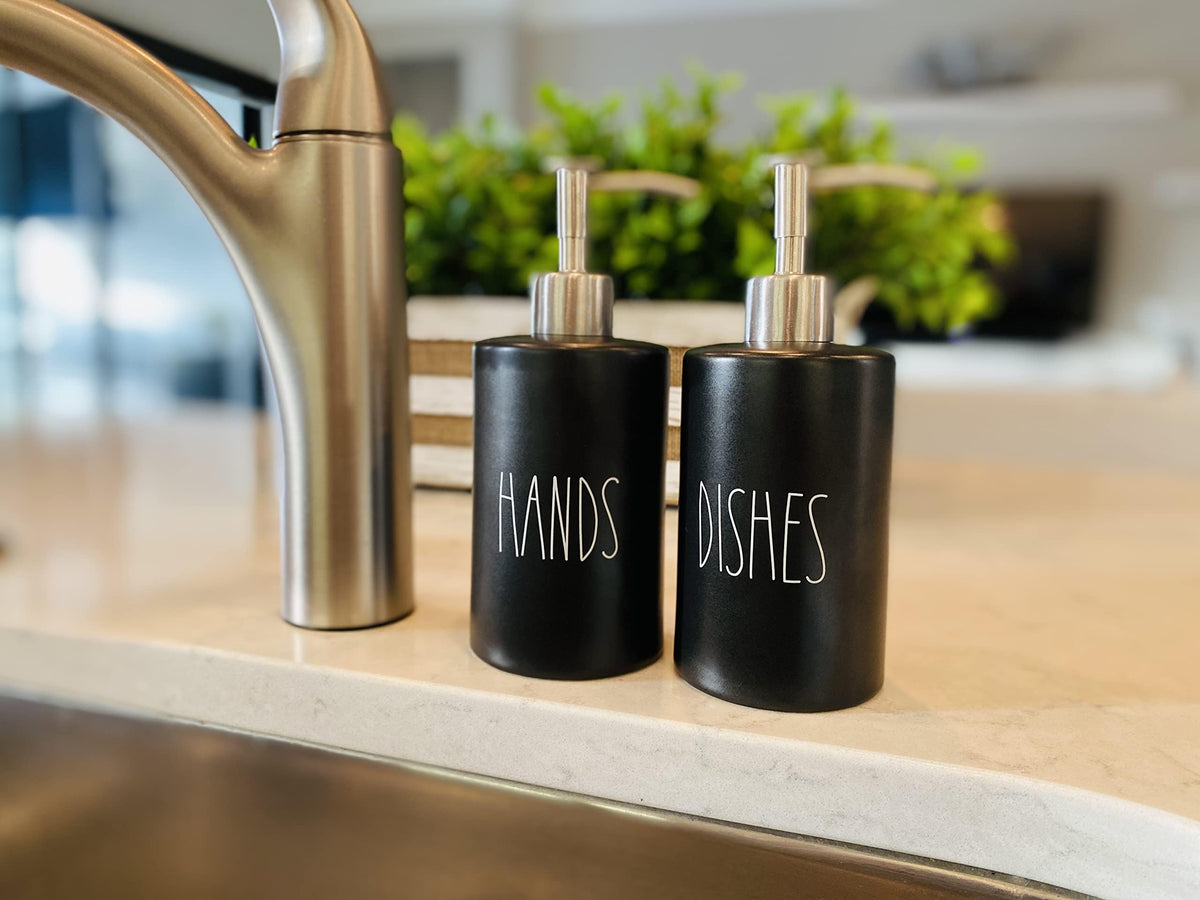 Modern Farmhouse Ceramic Dishes and Hands Soap Dispenser Set for Kitchen (2 Count)