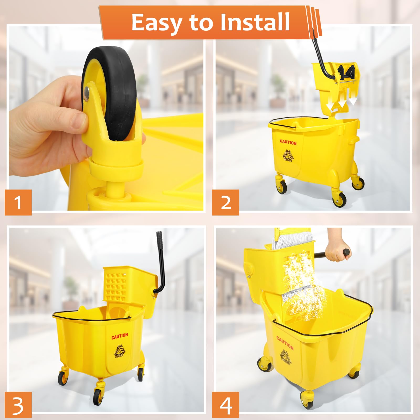 38 Qt Commercial Mop Bucket with Side Press Wringer on Wheels and Mops Set for Floor Cleaning