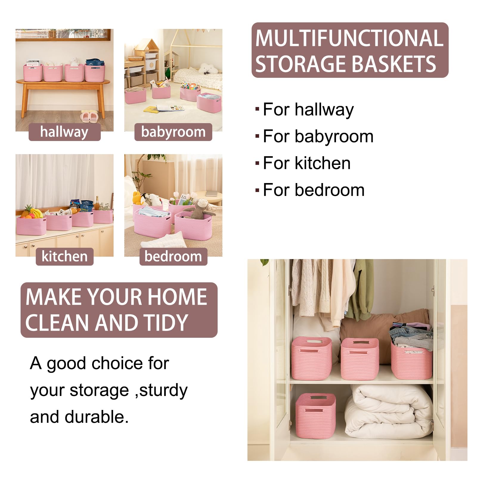 4 Pack Storage Baskets for Organizing 15L Cube Storage Bins Pink (4 Count)