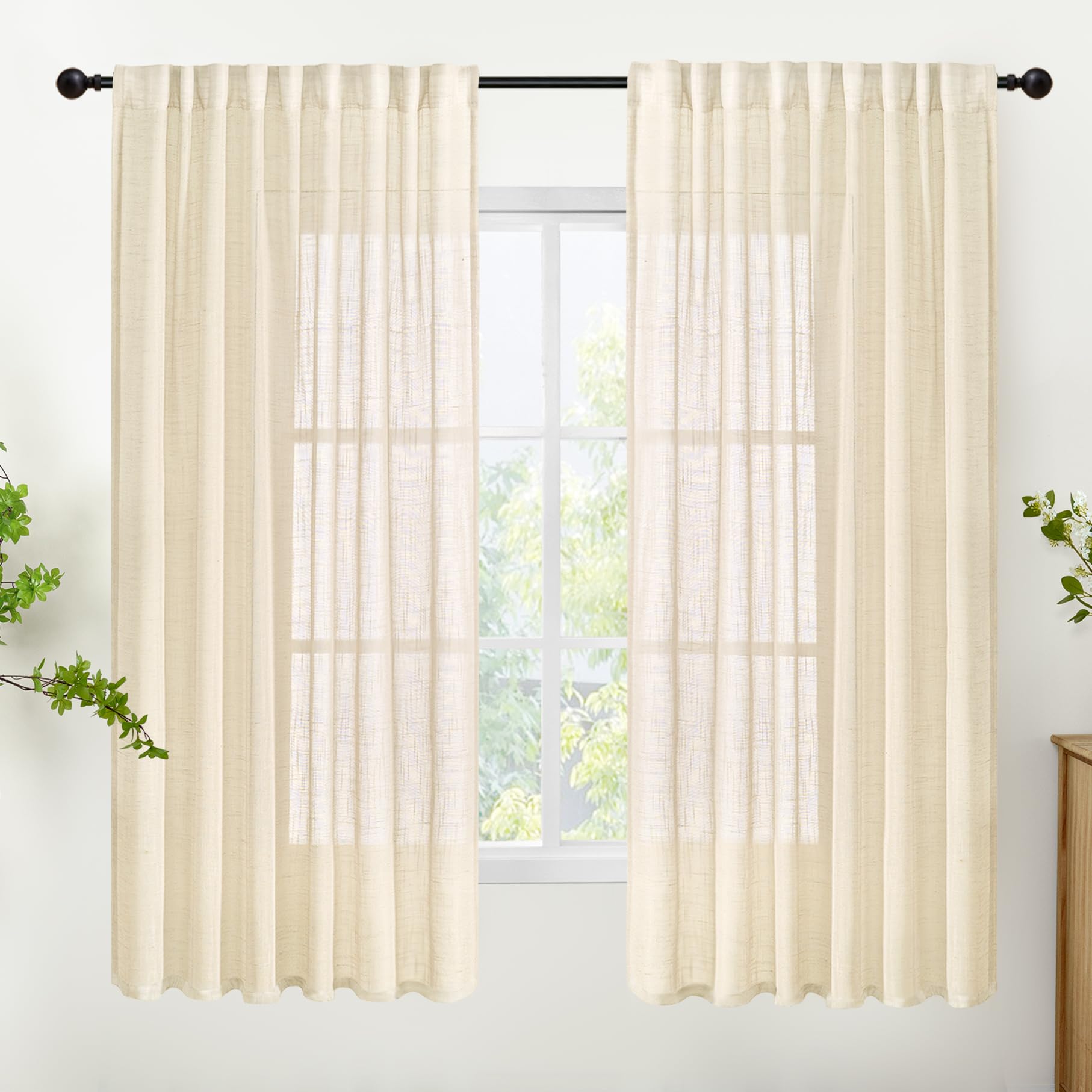 Beige Linen Semi Sheer Curtains 63 Inch Length (2 Count)