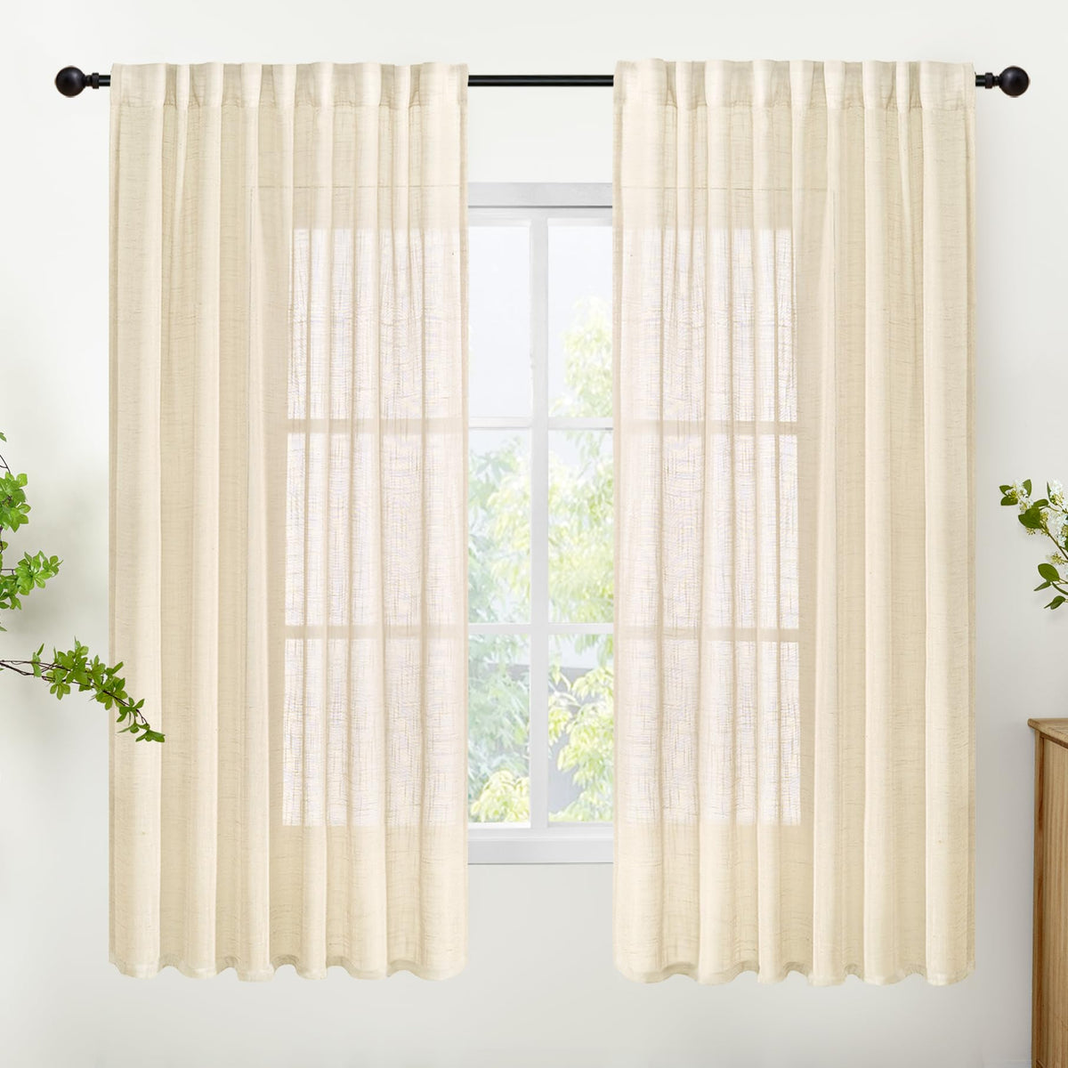 Beige Linen Semi Sheer Curtains 68 Inch Length 2 Panels (2 Count)
