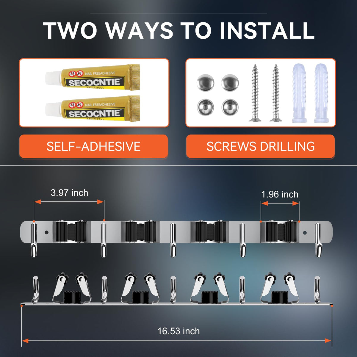 2 Pack Mop Broom Holder Wall Mount 4 Racks 5 Hooks Storage Silver (2 Count)