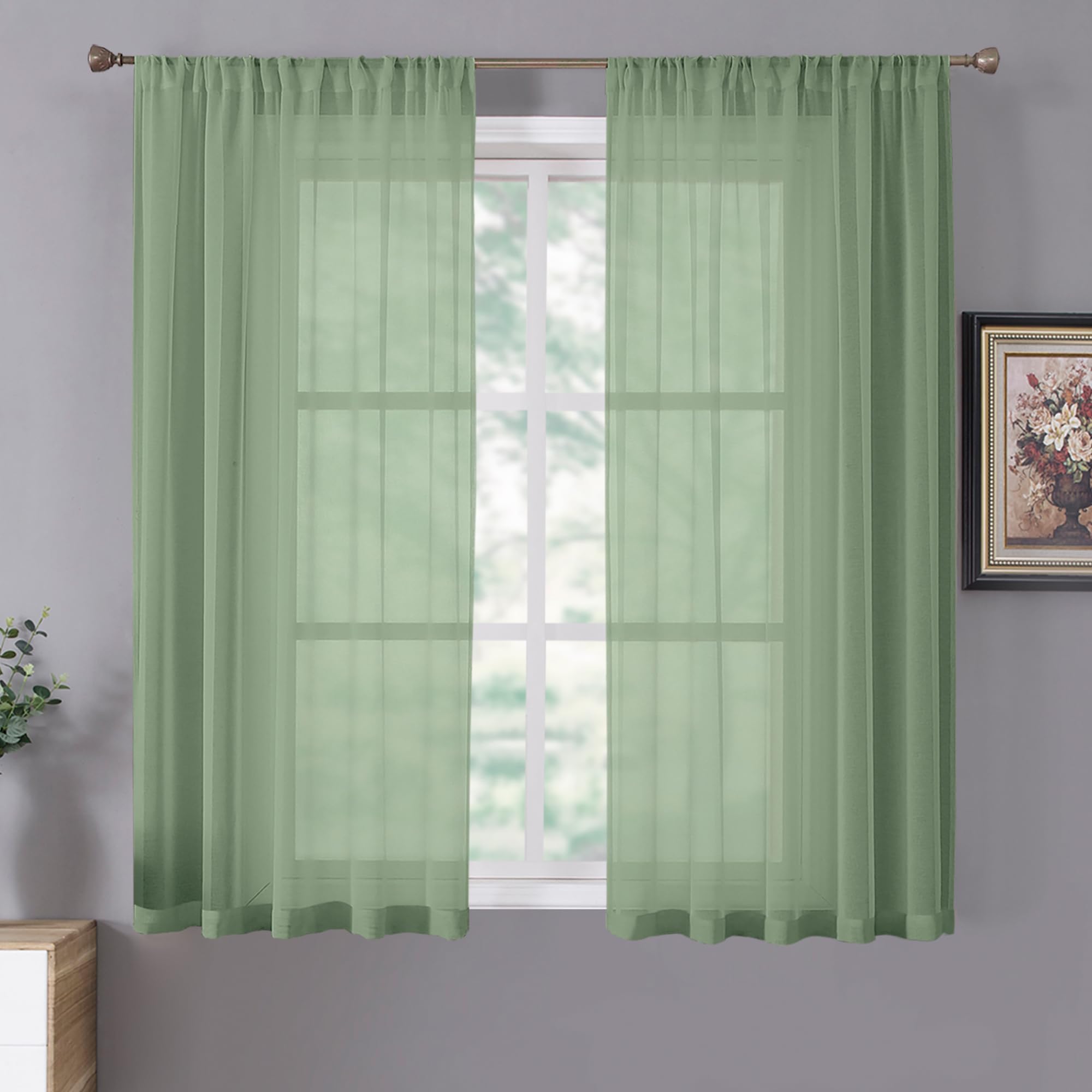 Short Sheer Curtains Linen Textured Living Room Curtain Sheers Light Filtering Rod Pocket Voile Curtains for Bedroom (2 Count)