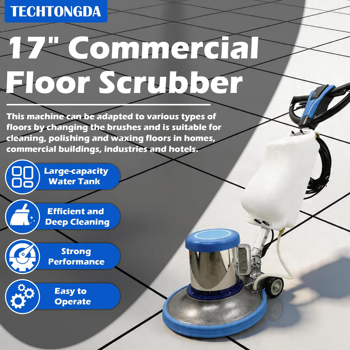 Floor Polisher Commercial Floor Buffer Scrubber Buffer Polisher Machine 17" Carpet Cleaning Machine Industrial Orbiter Floor Cleaning 175RPM with 3gal Tank and 3 Brush heads