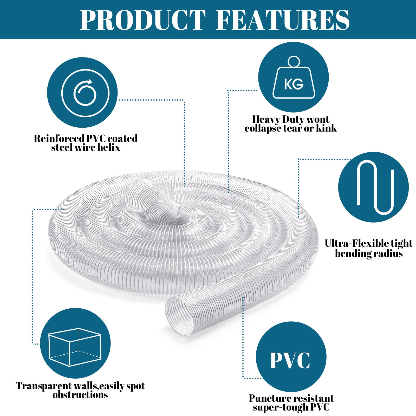 6 Inches 30 ft PVC Dust Collection Hose with Stainless Steel Clamps Set Flexible Clear Vacuum Puncture Resistant Fume Hose for Vacuums Cleaner Fume Dust Collection System