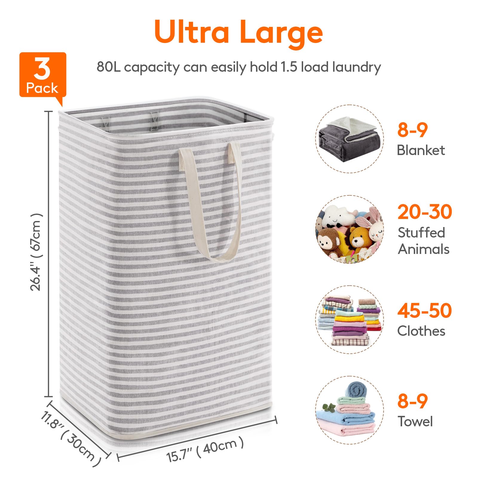 3 Pack Laundry Basket 80L Each (3 Count)