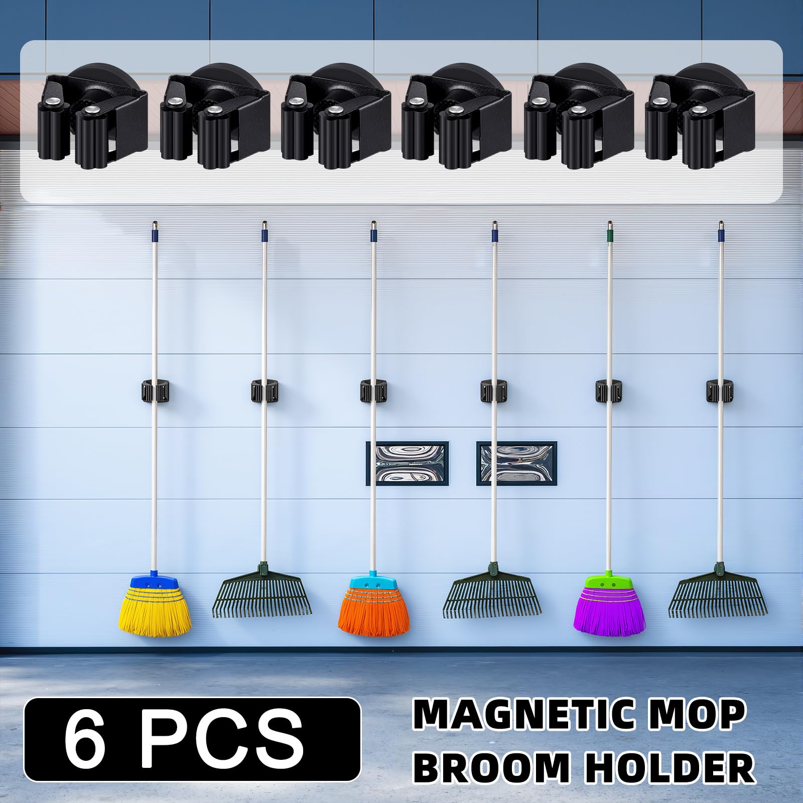 6 Pcs Magnetic Broom Holder Wall Mounted Anti Slip Rack (6 Count)