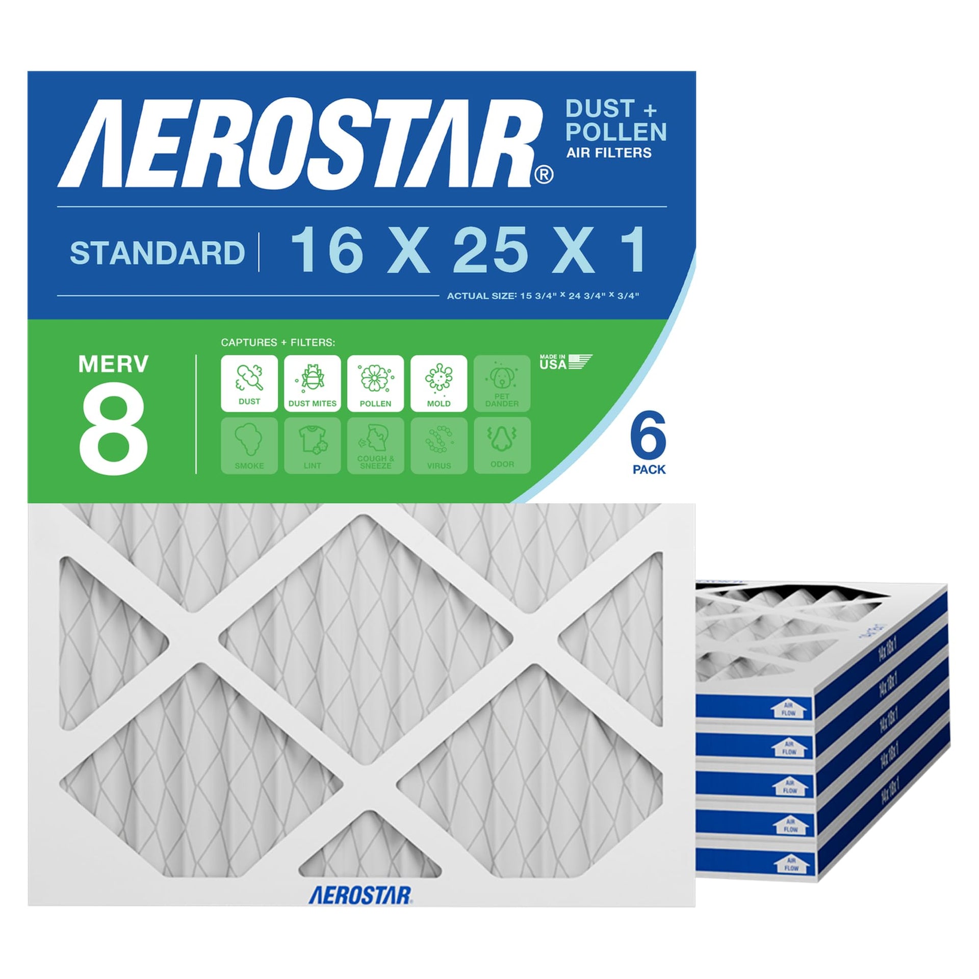 Air Filter 16x25x1 MERV 8 AC Filter (6 Count)
